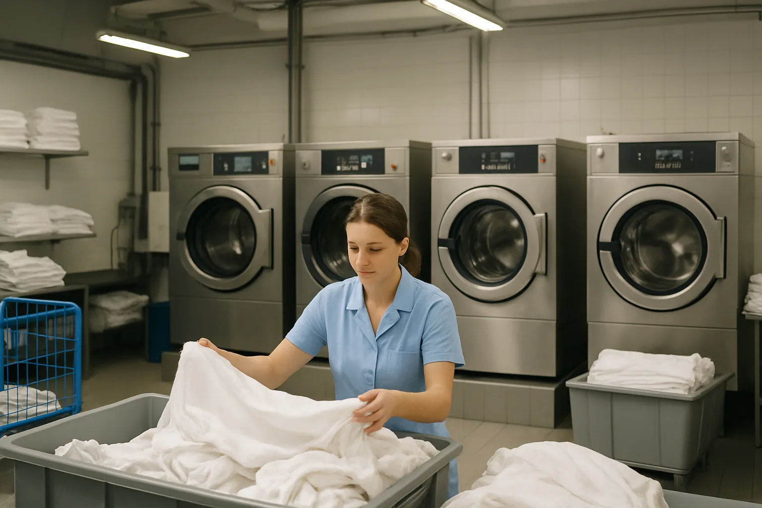 Industrial washing machine in a professional laundry environment.