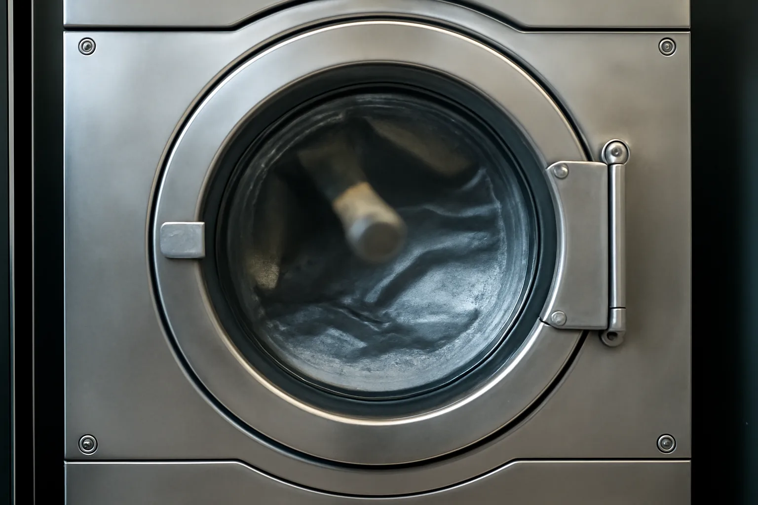 Industrial washing machine in a professional laundry environment.