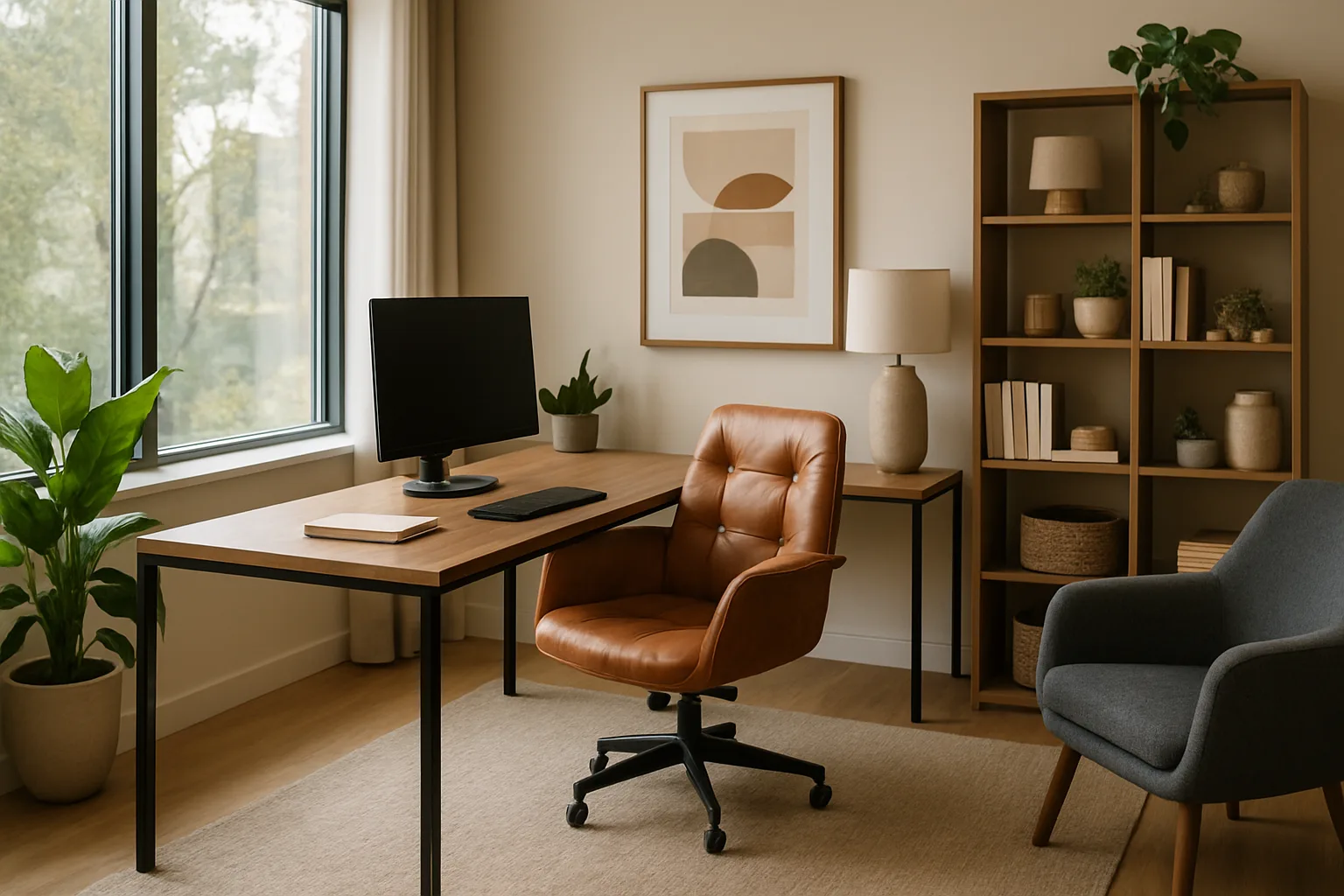 A stylish office interior featuring a mix of modern and personal design elements, illustrating the importance of quality materials and thoughtful planning.