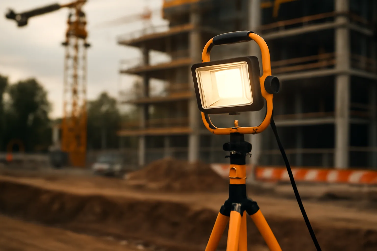 Portable lighting unit in a construction site.