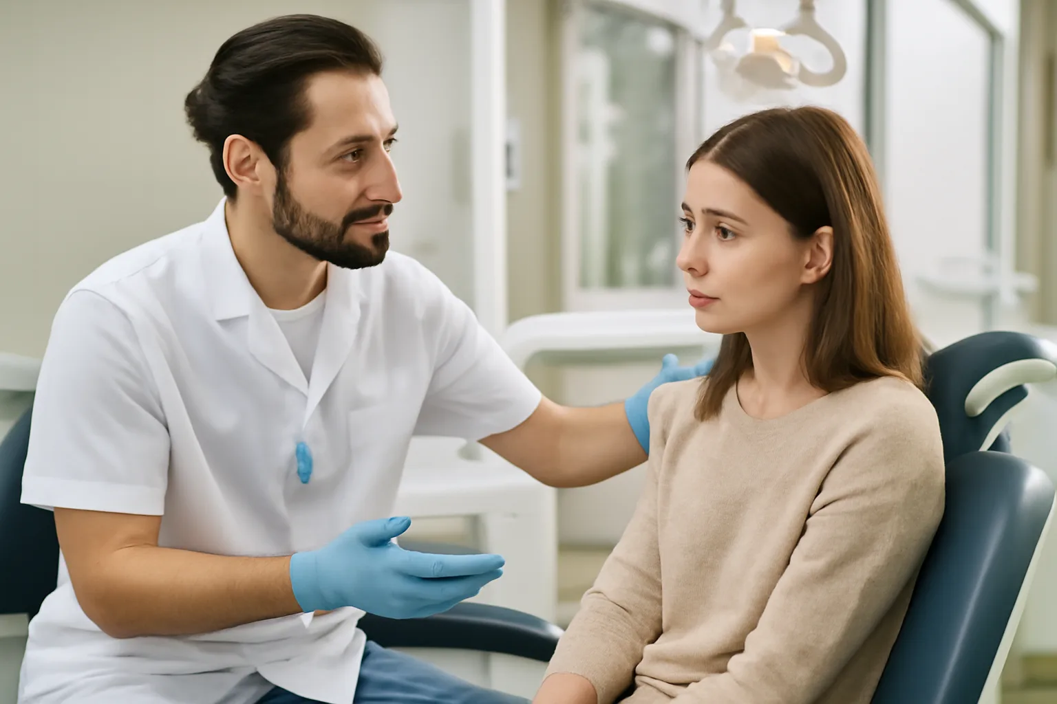 A friendly dentist speaking with a patient in a comfortable dental office.