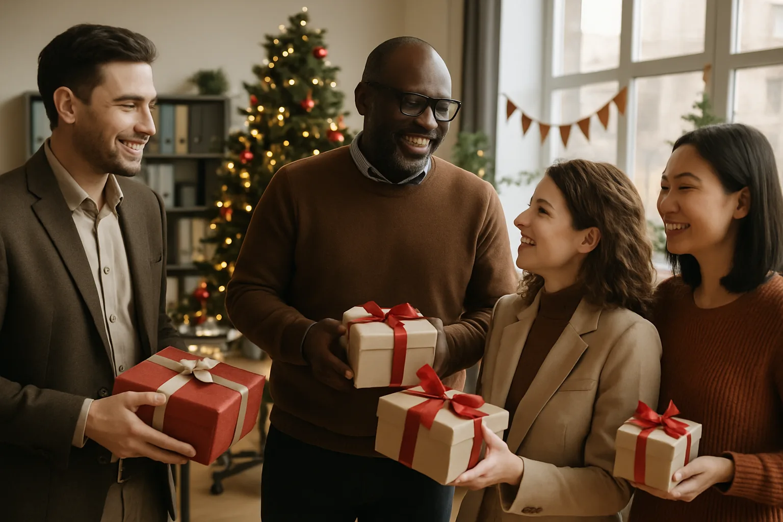 Employees celebrating with gifts.
