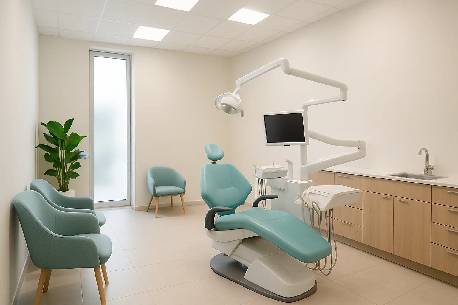 A welcoming dental clinic interior and a dentist using advanced technology during a treatment.