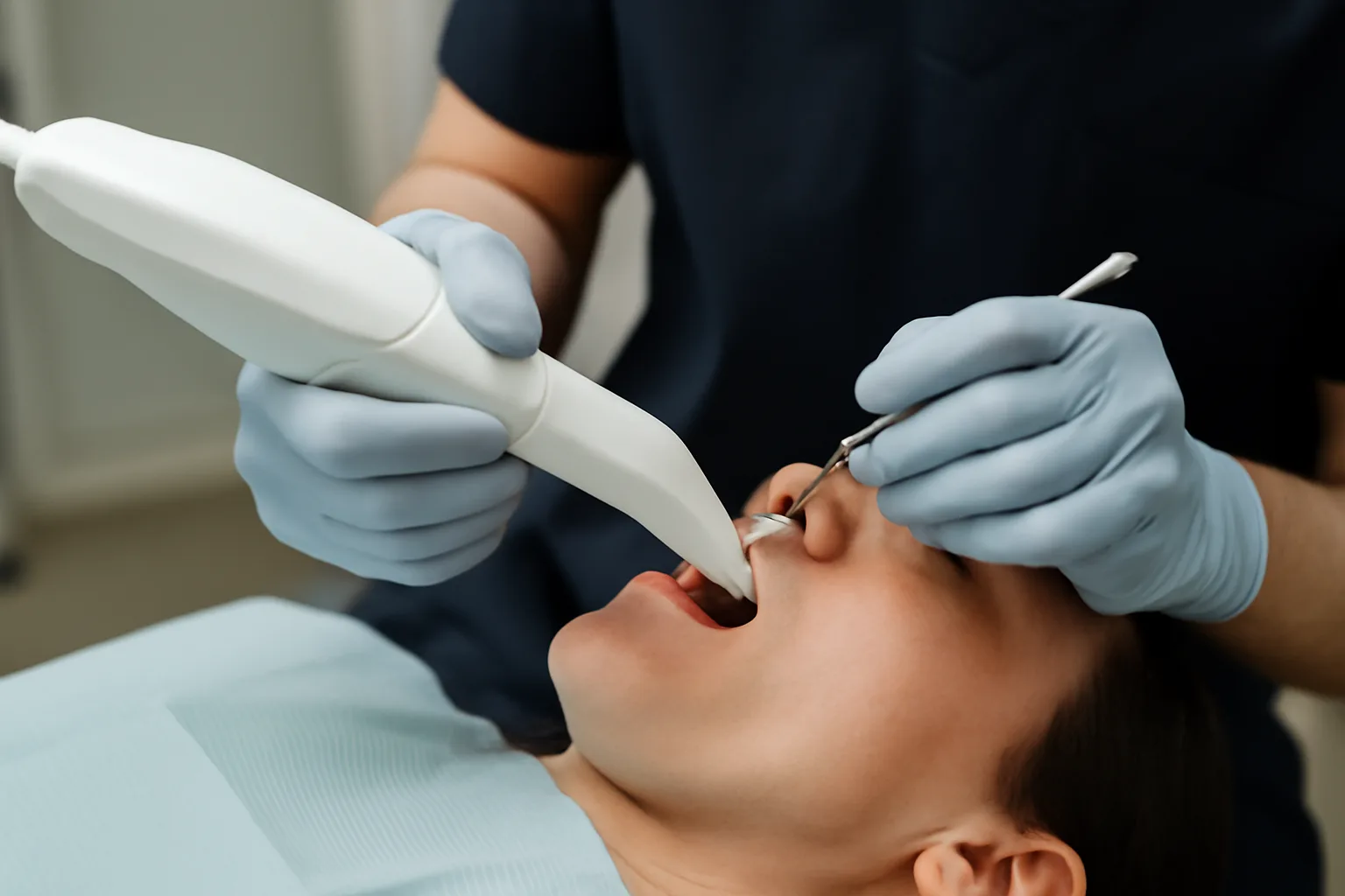 A welcoming dental clinic interior and a dentist using advanced technology during a treatment.