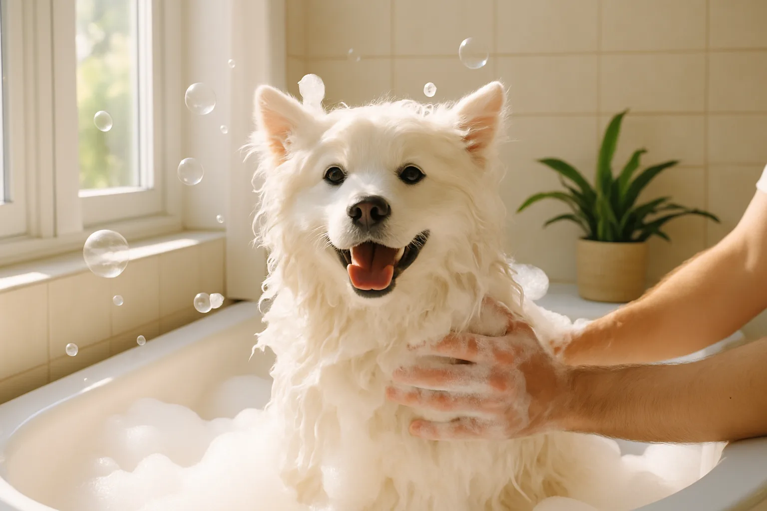 A happy white dog after a bath.