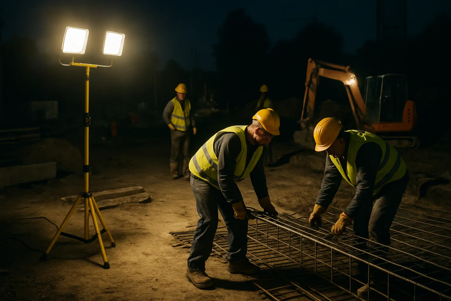 Portable lighting solution illuminating a construction site at night, enhancing safety and visibility for workers.