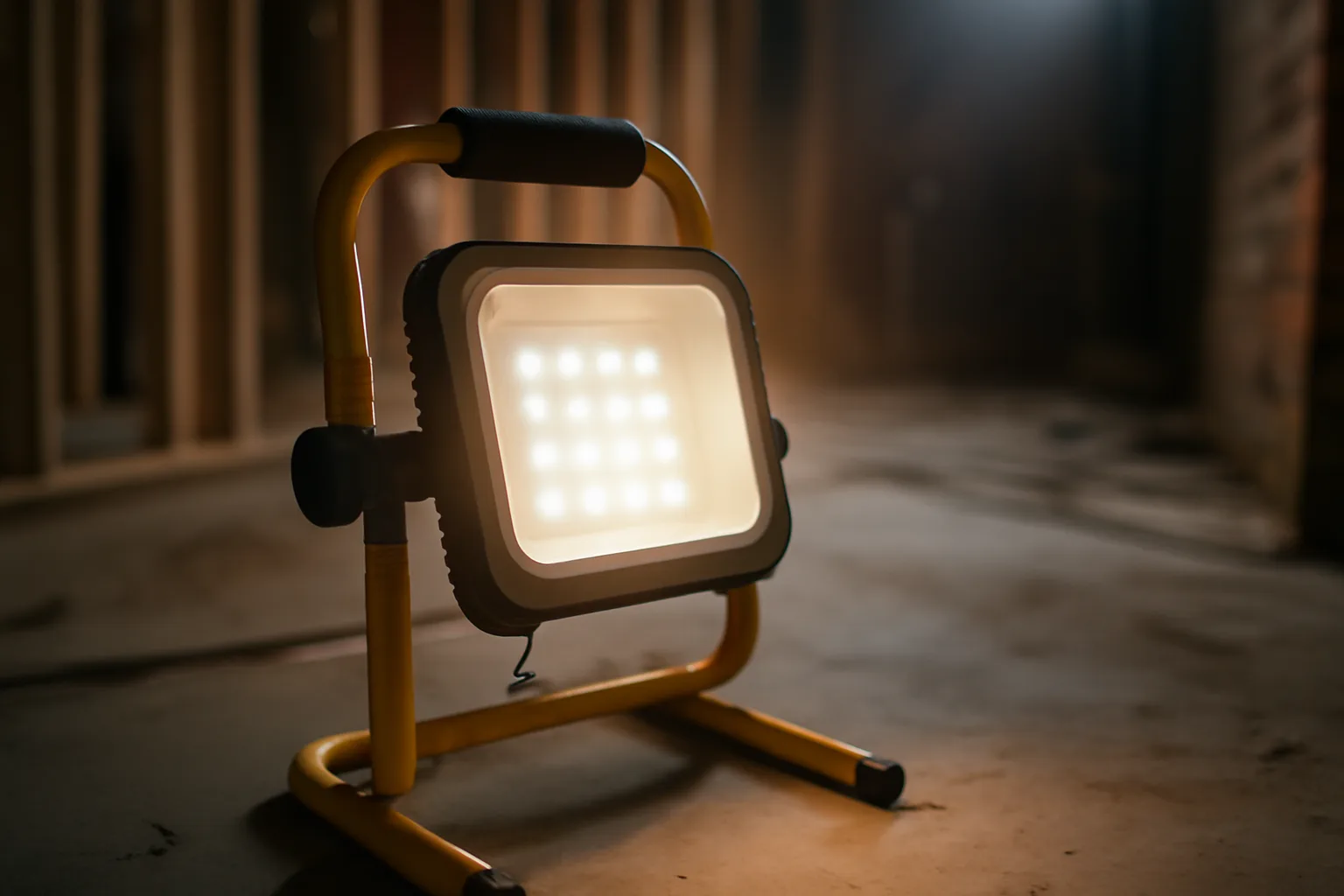 Portable lighting solution illuminating a construction site at night, enhancing safety and visibility for workers.