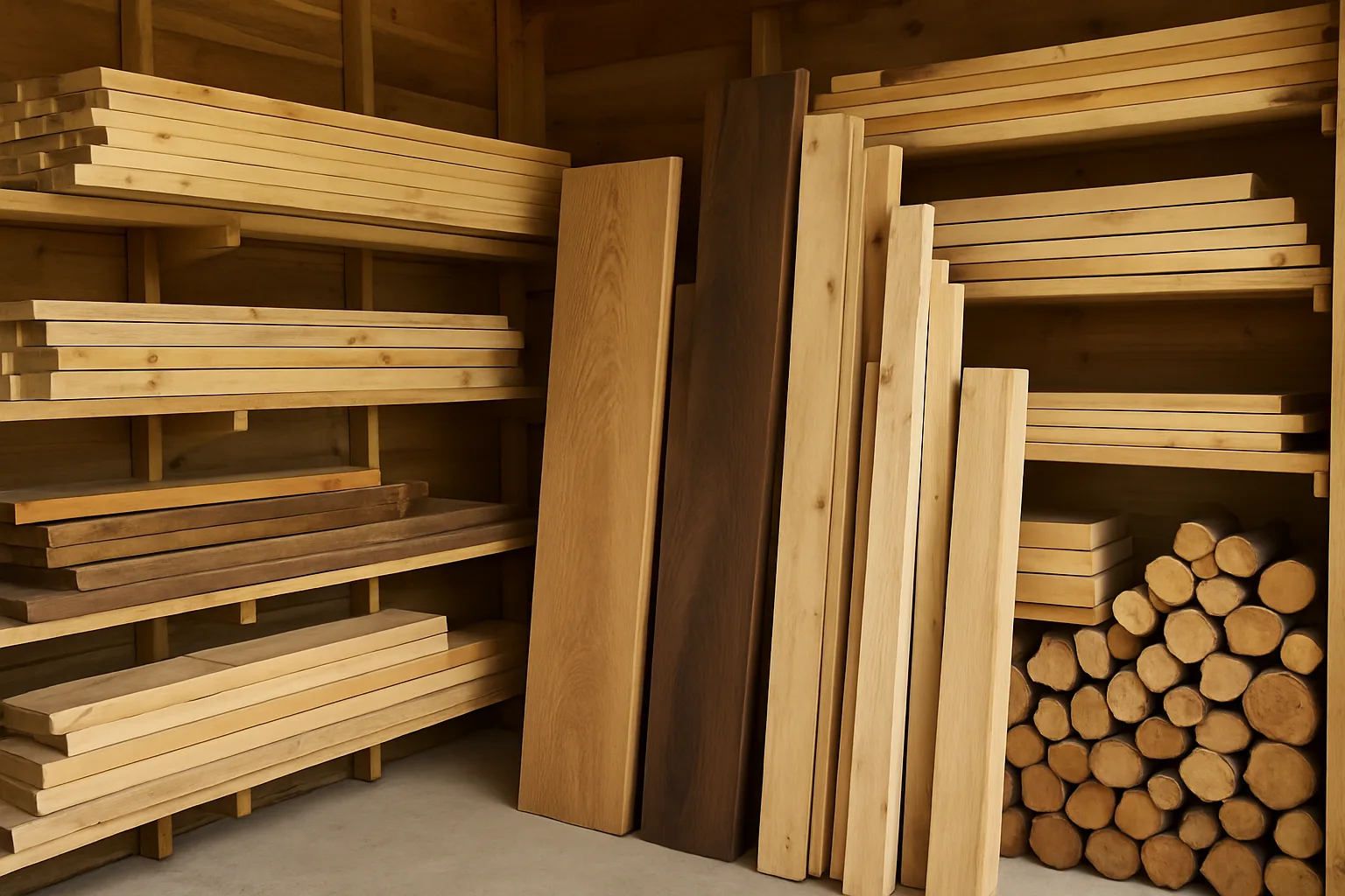 A collection of wood samples including oak, walnut, pine, and cedar, demonstrating their unique textures and colors.