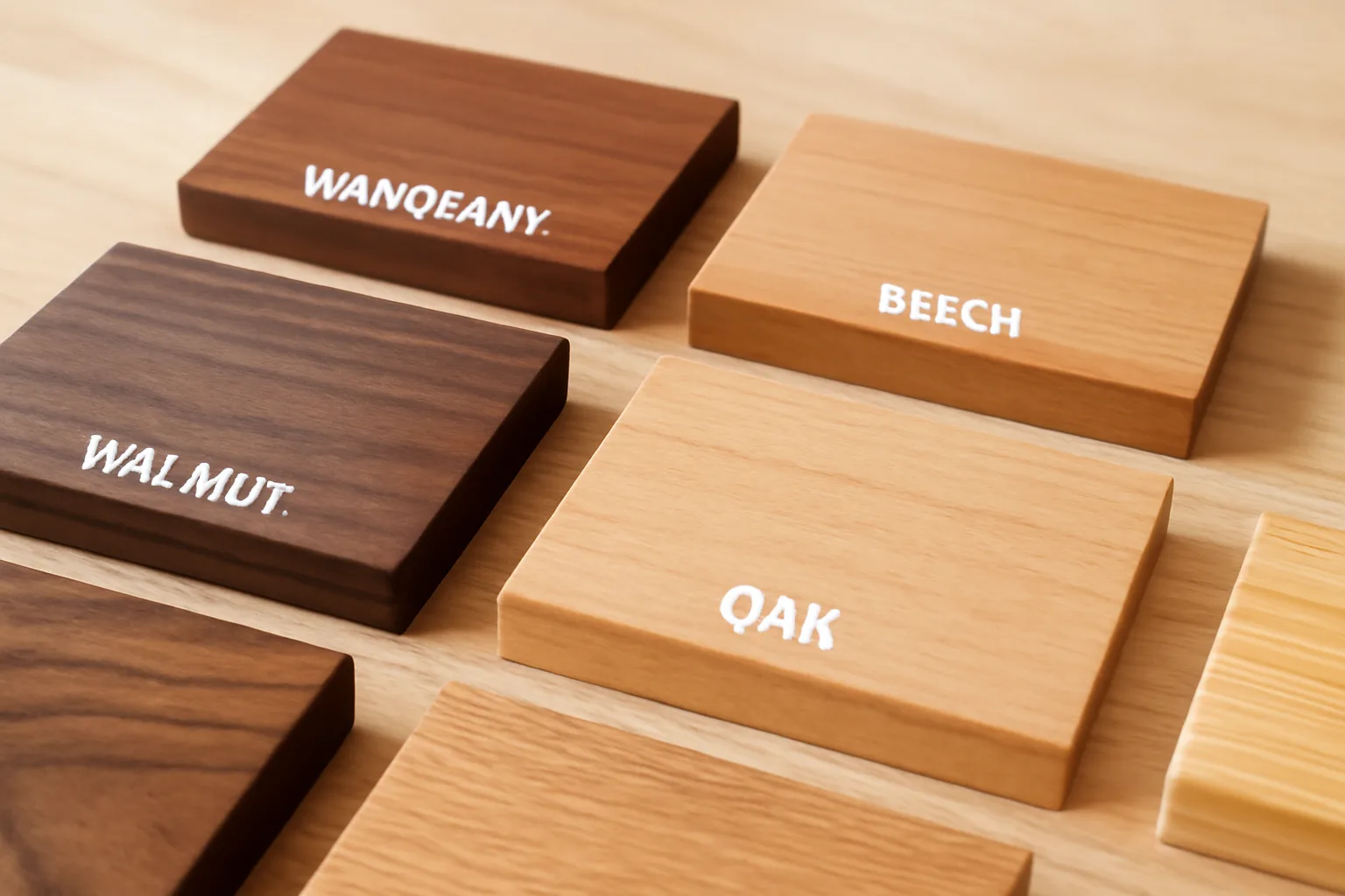 A collection of wood samples including oak, walnut, pine, and cedar, demonstrating their unique textures and colors.
