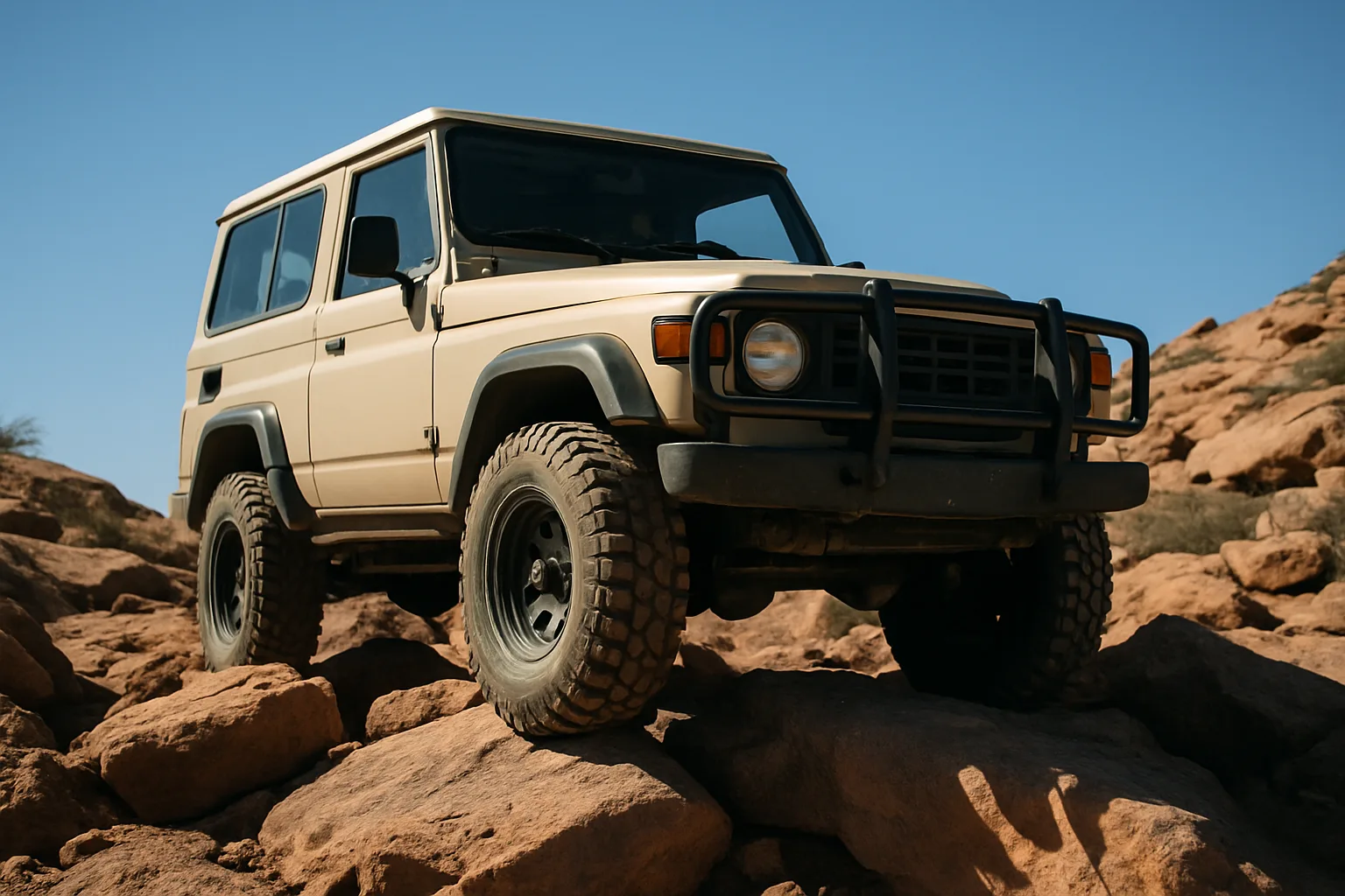 Off-road vehicle navigating difficult terrain.