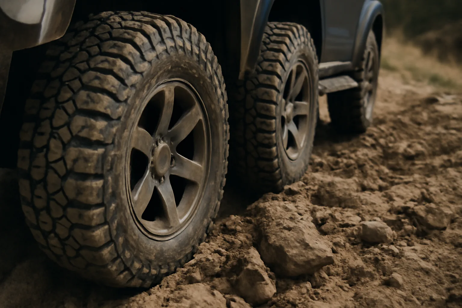 Off-road vehicle navigating difficult terrain.