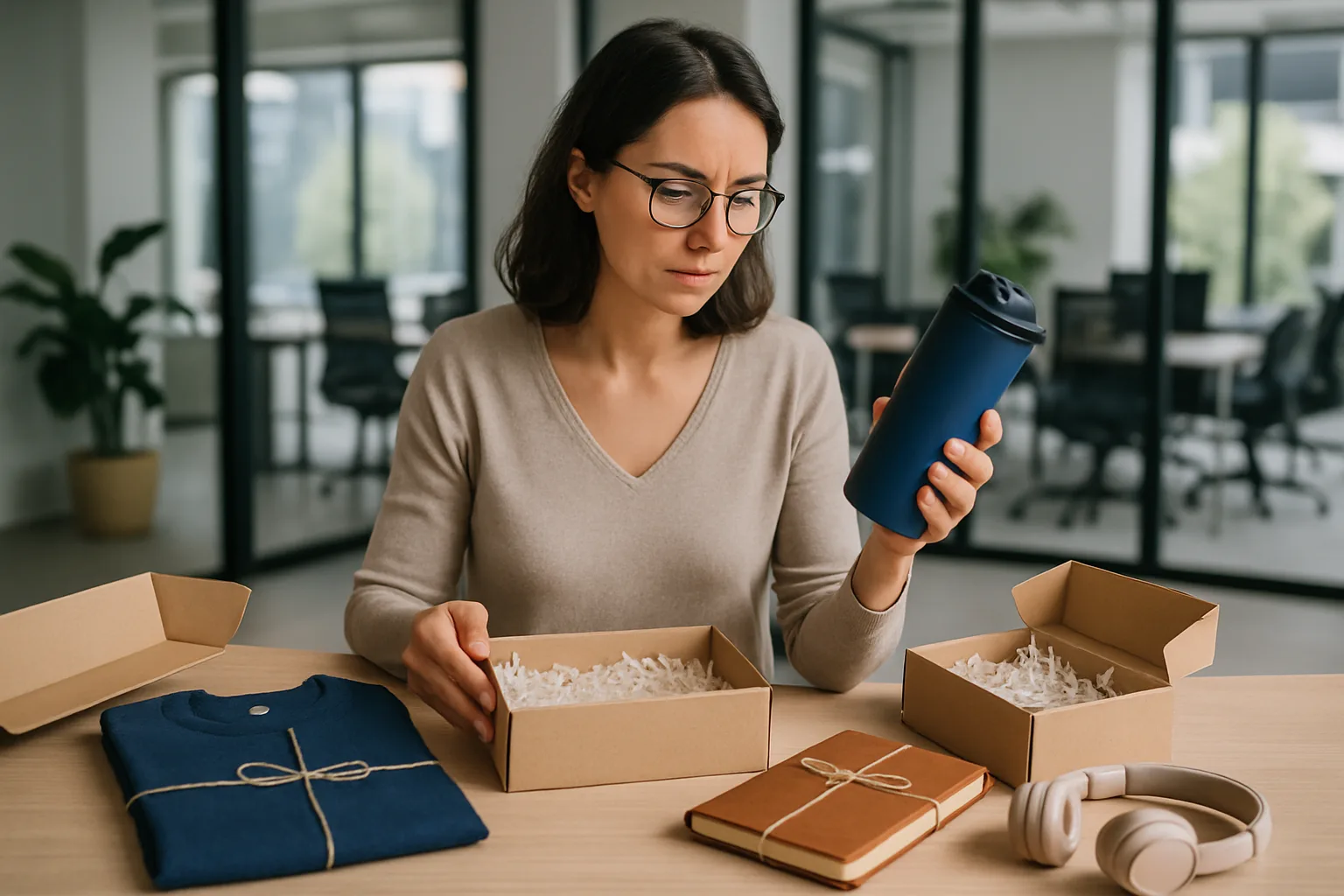 Personalized gifts for employees in a modern office setting.