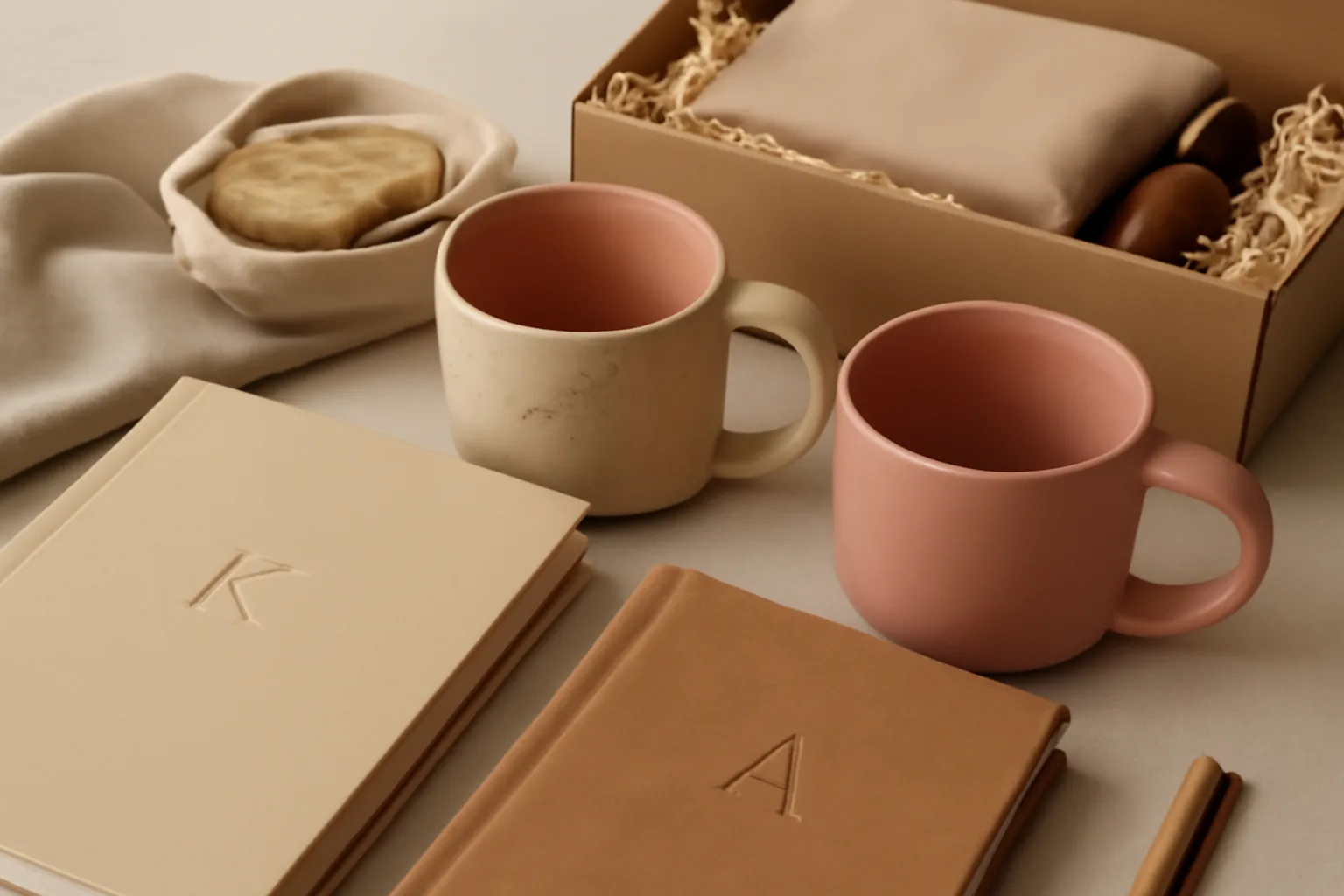 Personalized gifts for employees in a modern office setting.