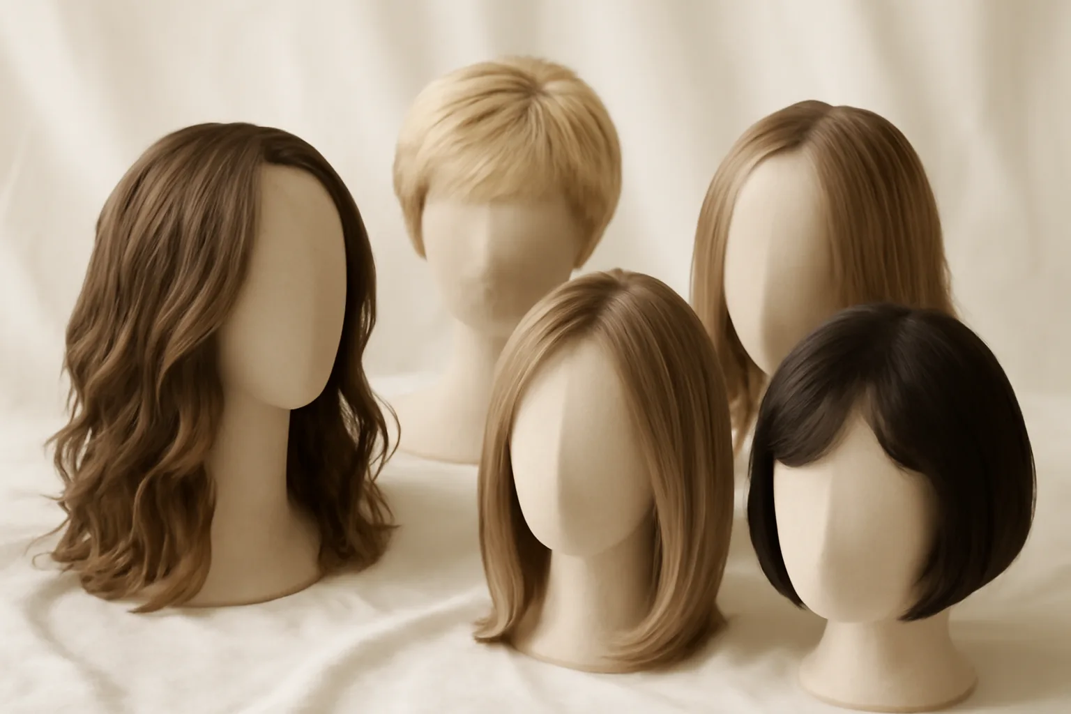 A collection of medical wigs showcasing different styles and colors.