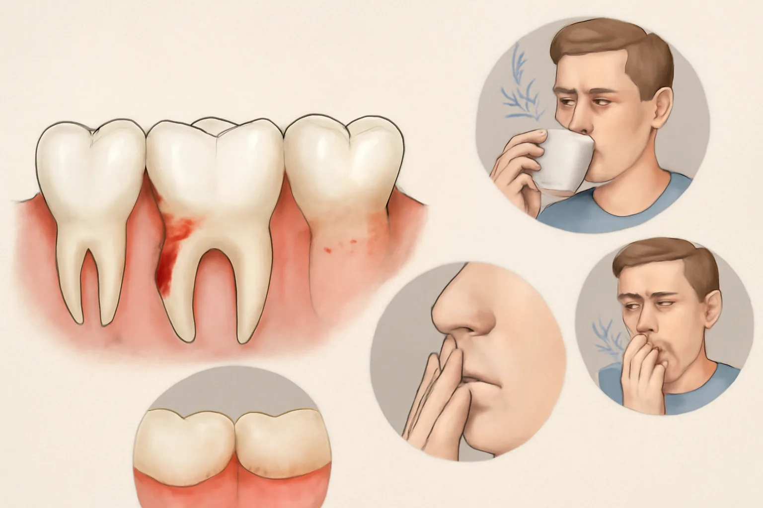 A visual representation of healthy gums and teeth, alongside warning signs of gum disease.
