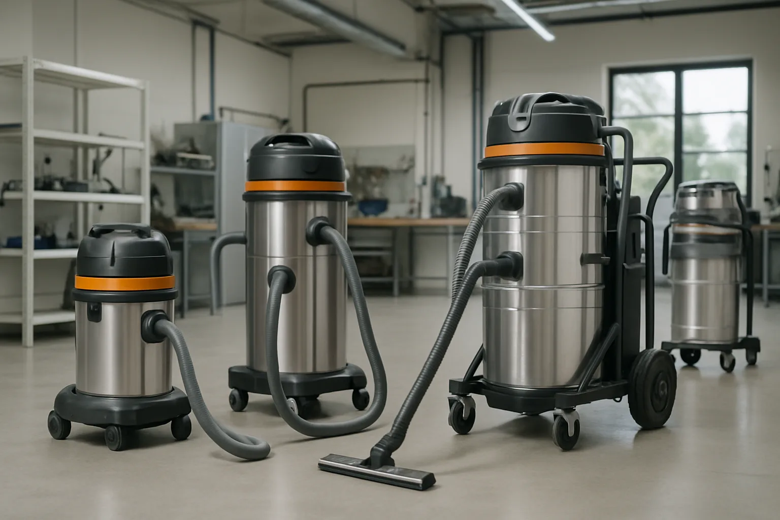 Industrial vacuum cleaners in a professional setting.
