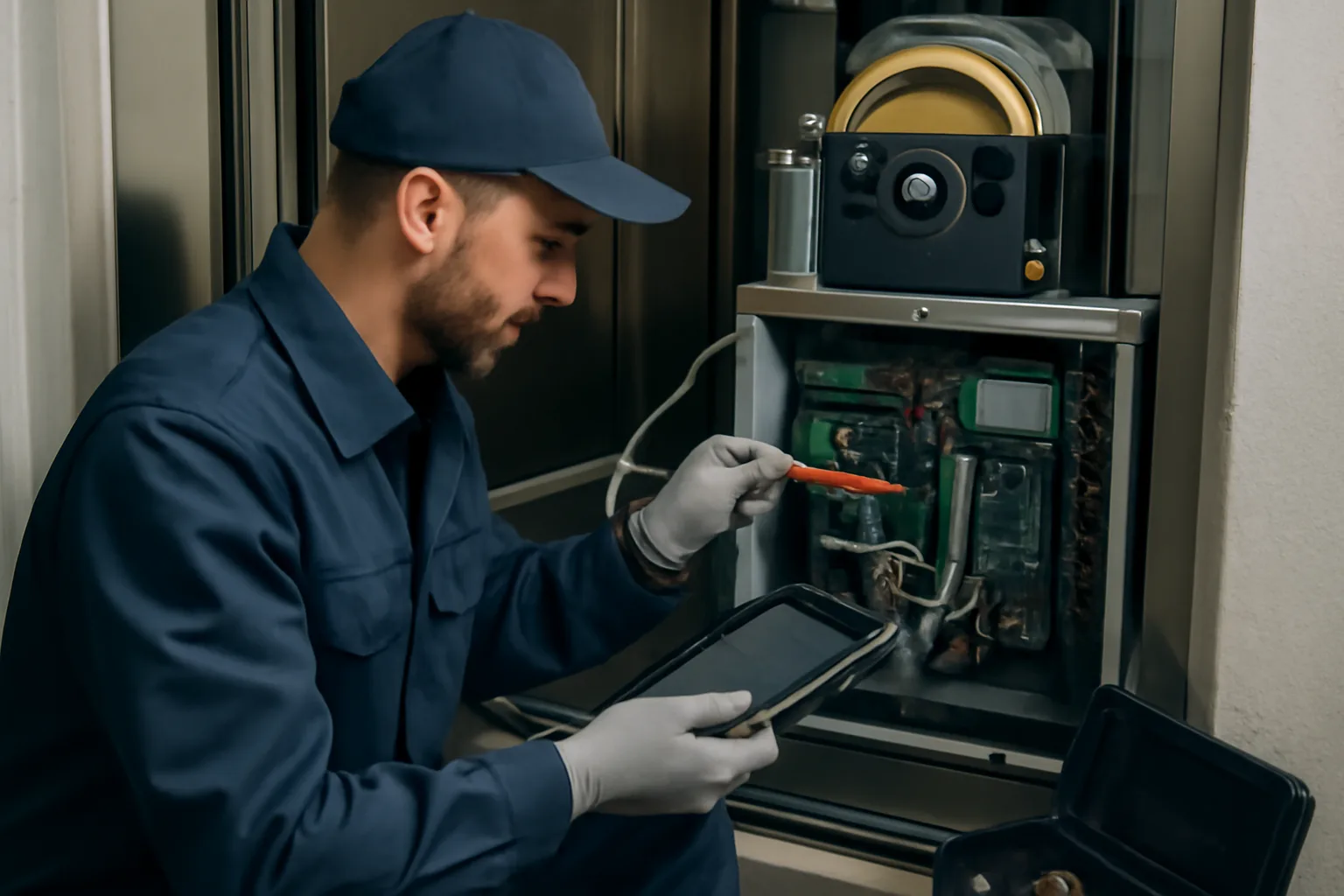 Elevator maintenance technician working on advanced elevator technology.