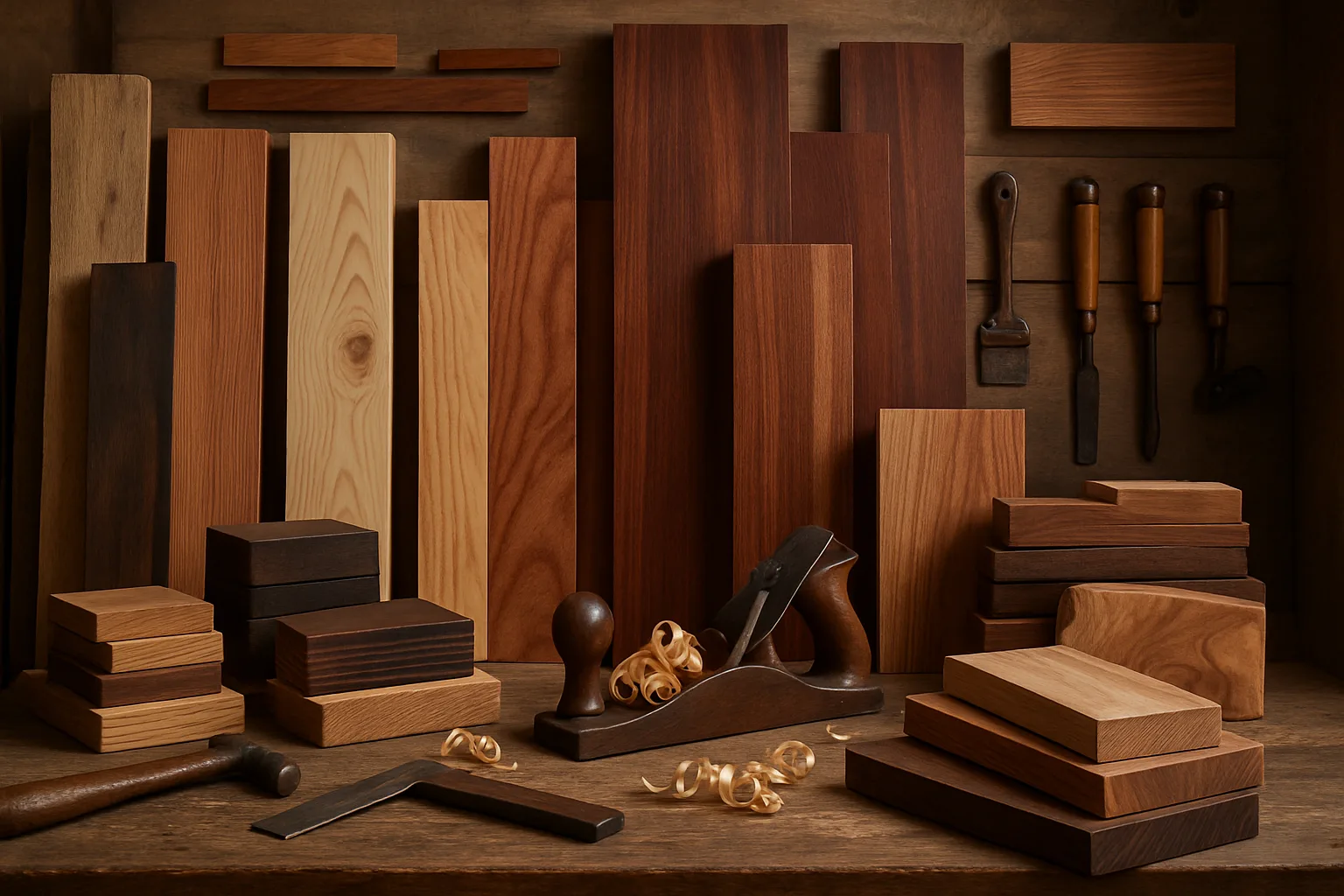A selection of high-quality wood samples in a workshop setting.