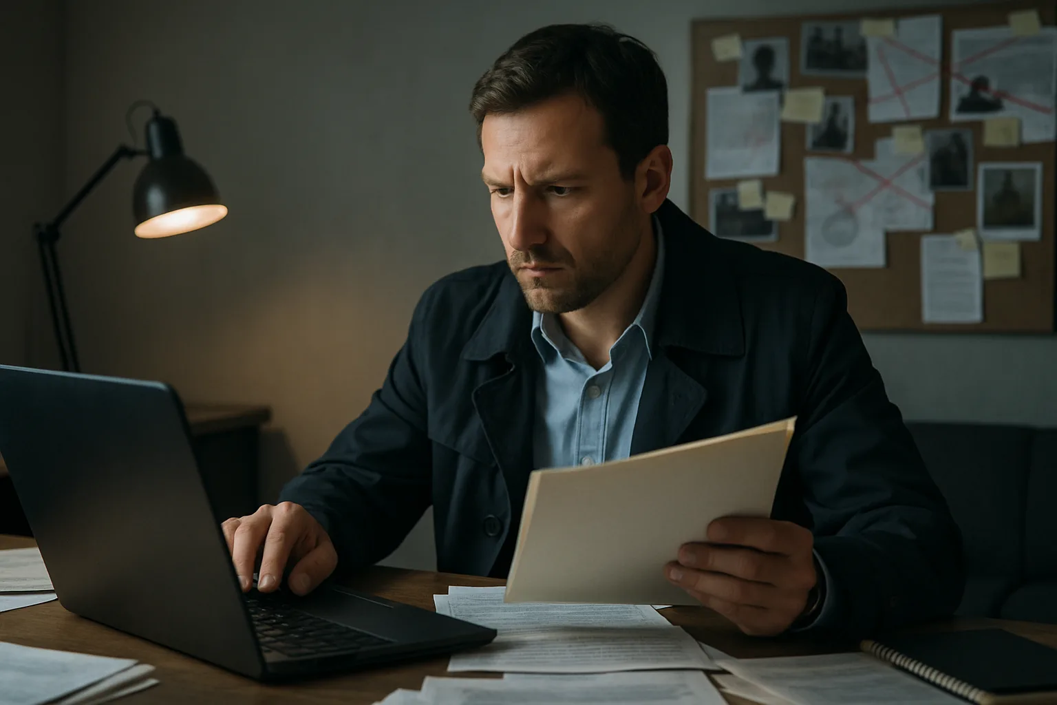A private investigator examining evidence.