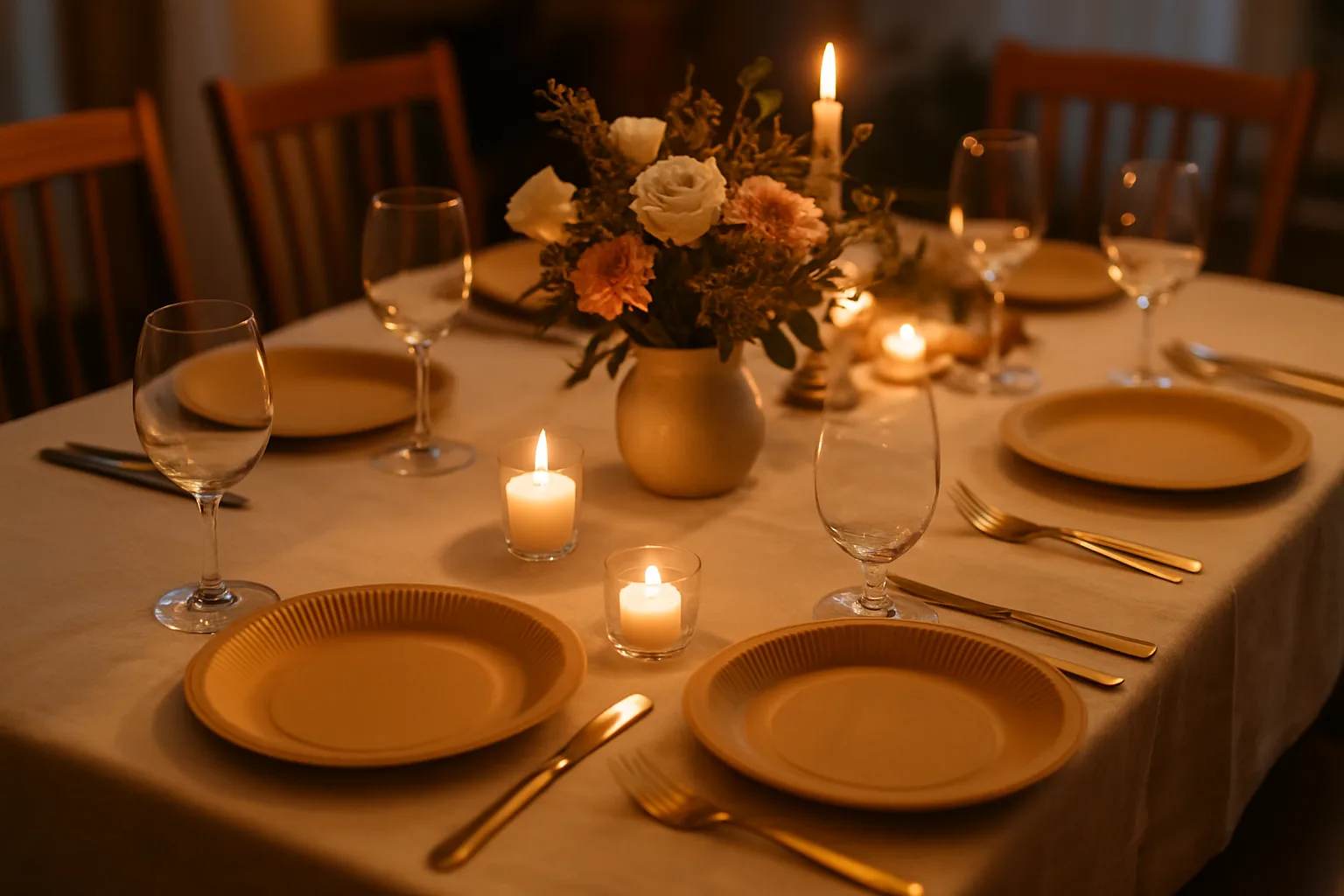 Elegant disposable plates on a dining table.
