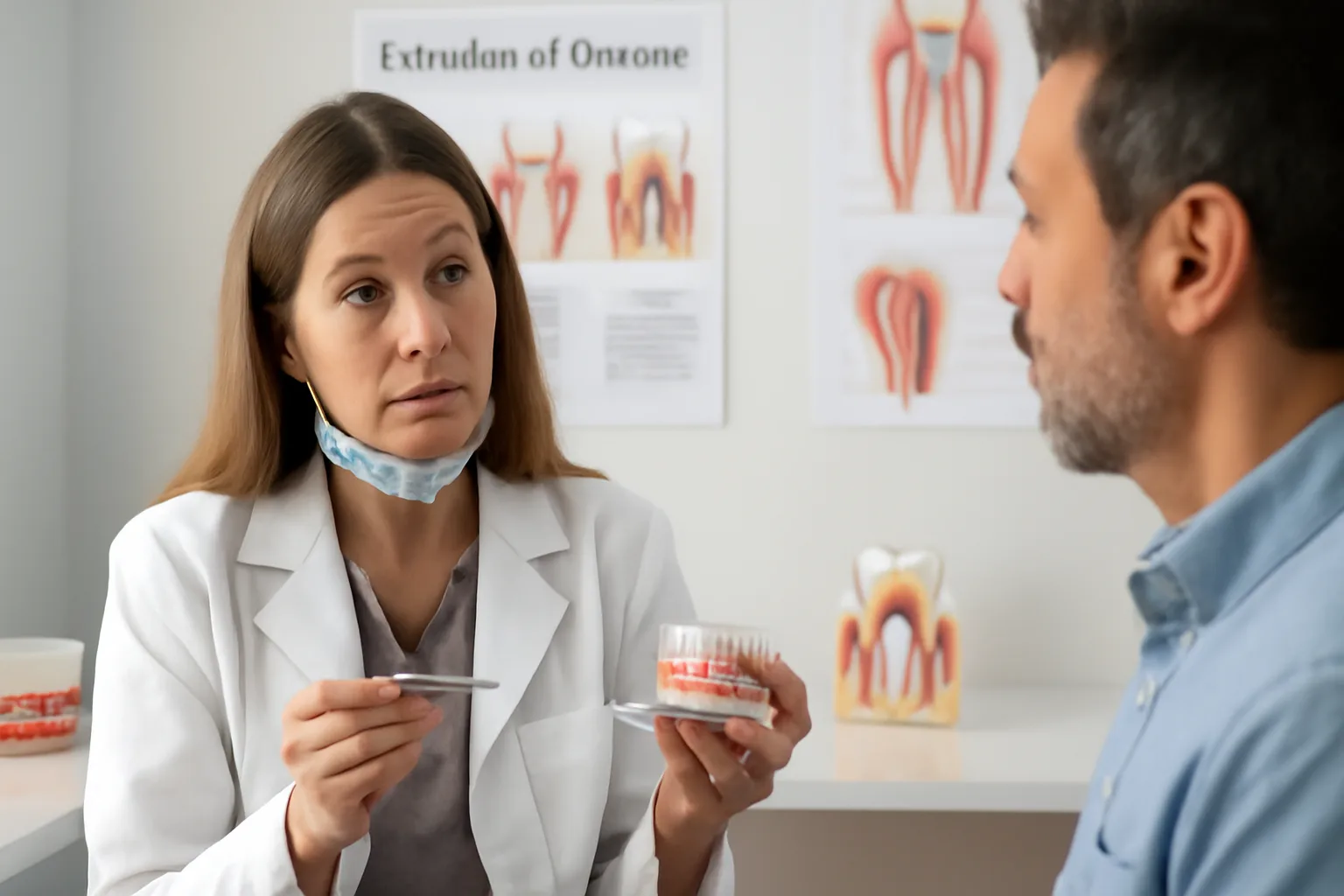 A dental professional discussing periodontal care with a patient.