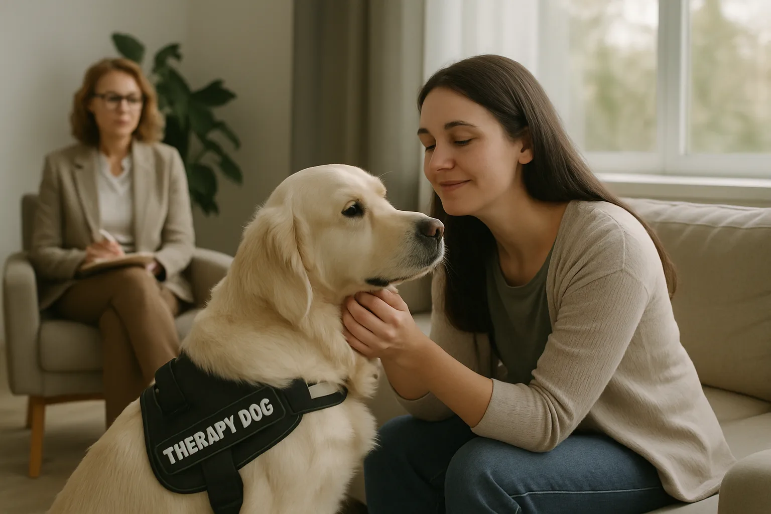 A therapy dog providing emotional support to a person.