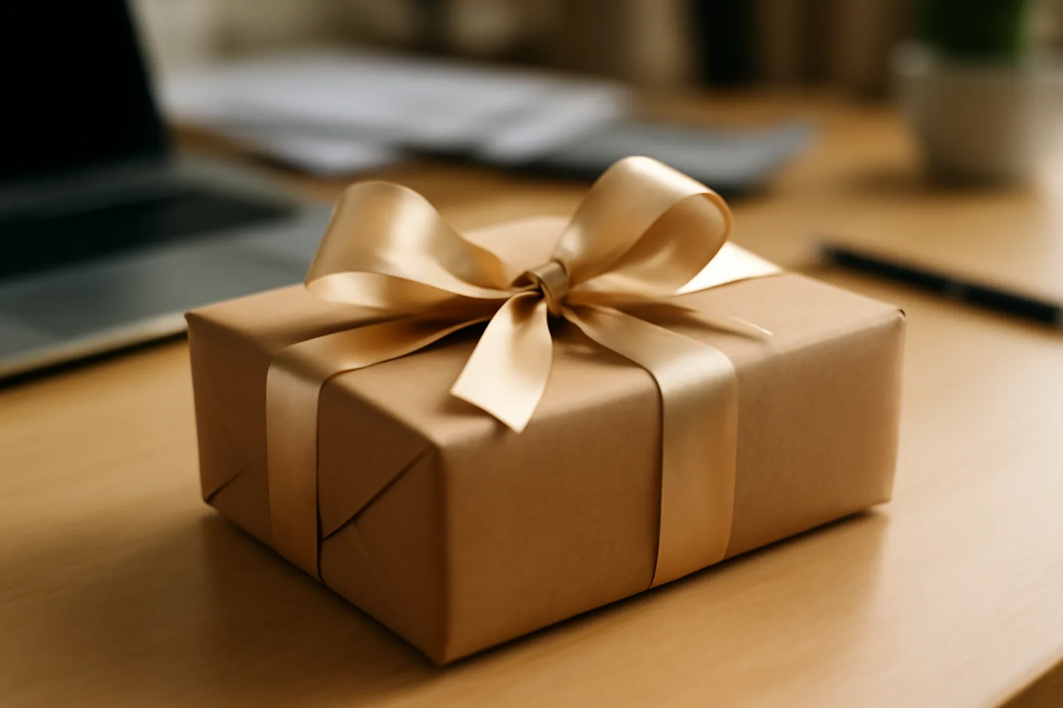Gift box on a desk in an office setting.