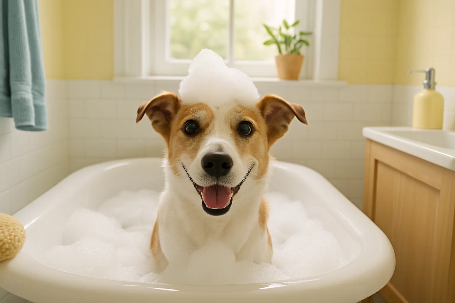 Dog shampoo bottle with natural ingredients.