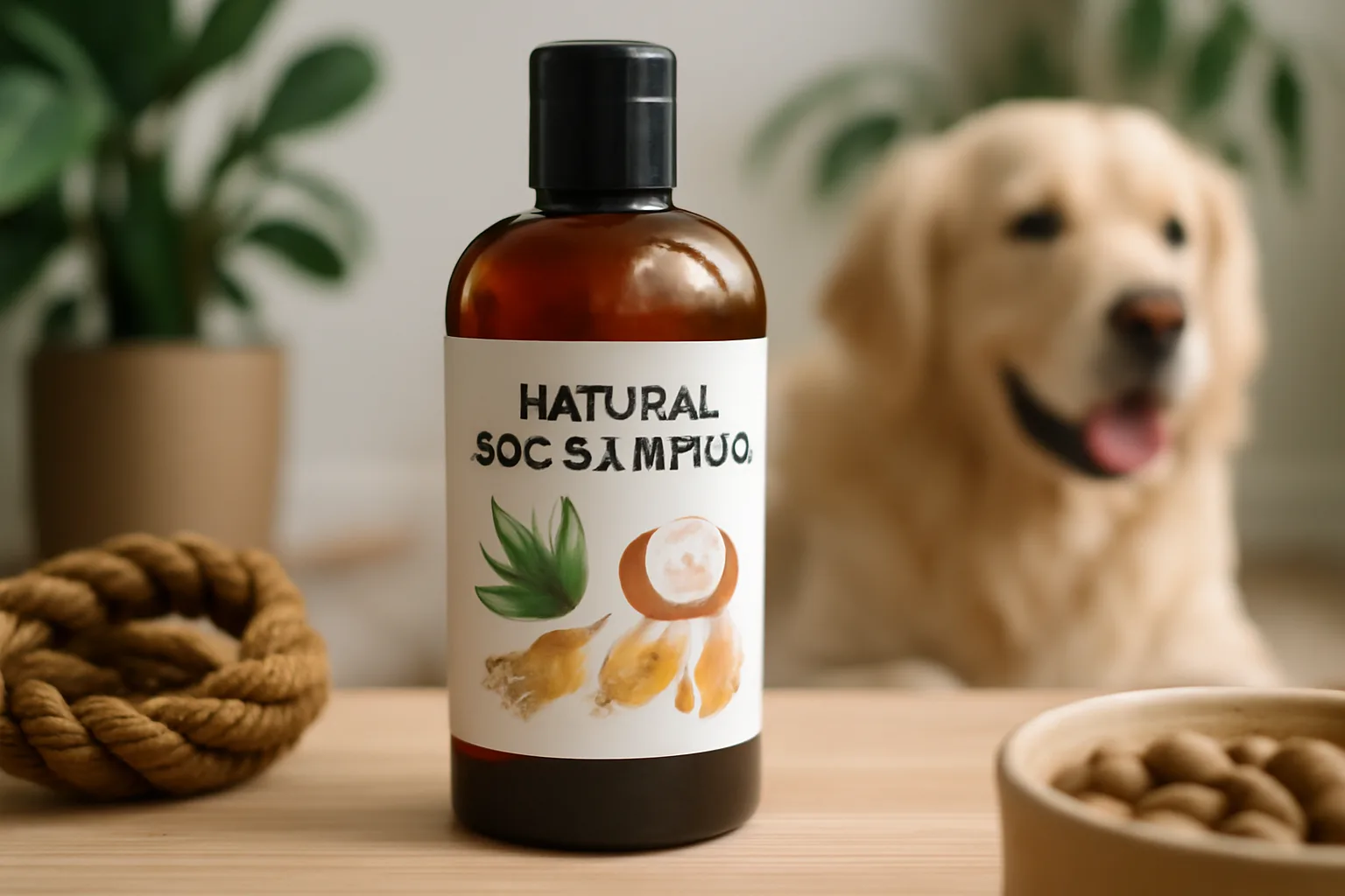 Dog shampoo bottle with natural ingredients.