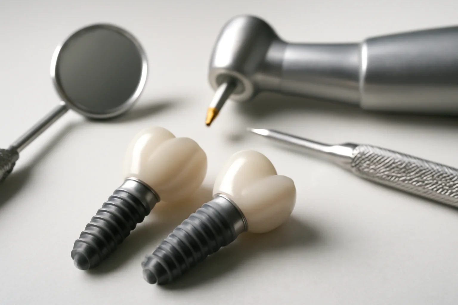 Dental implants and tools on a clean surface.