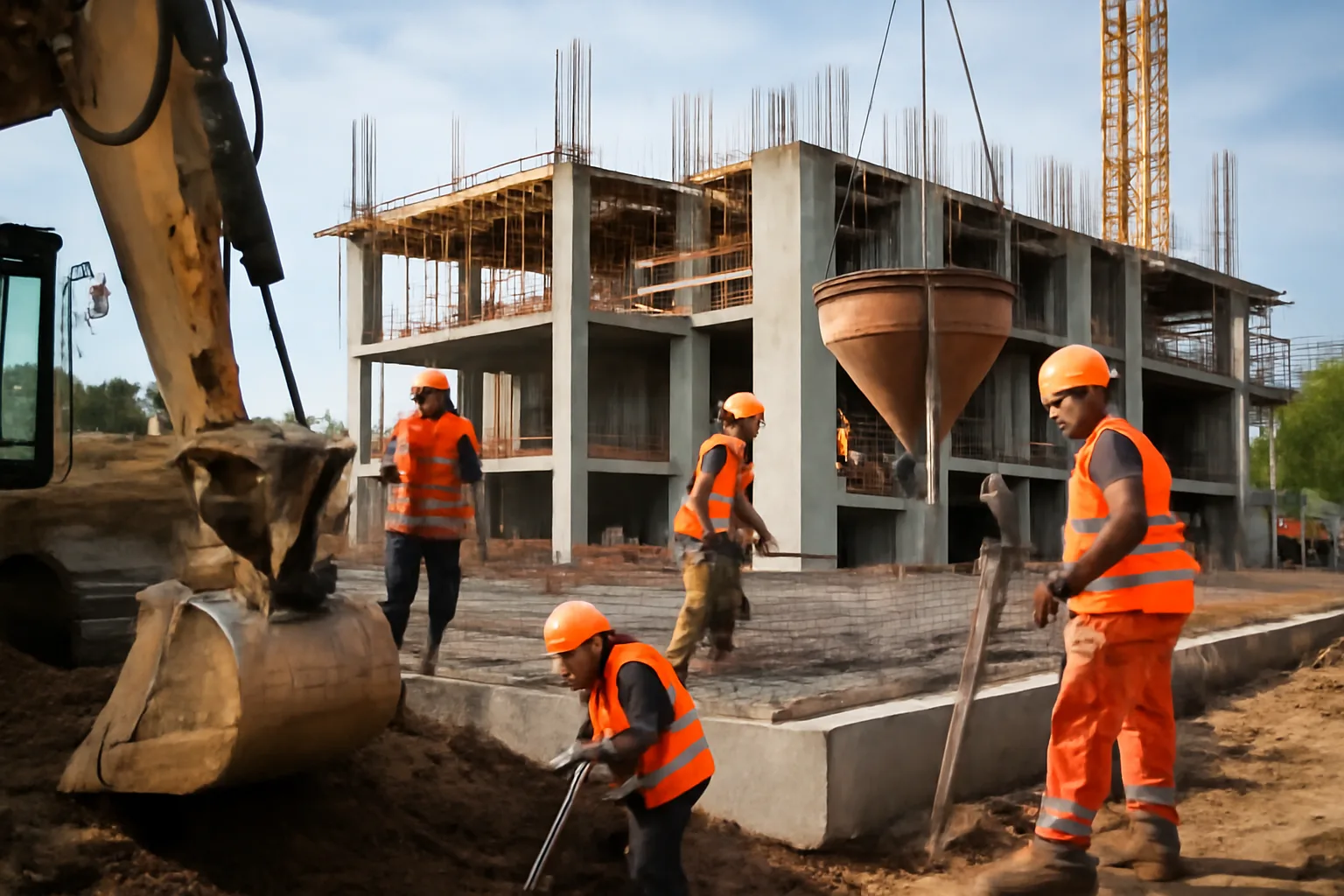 Construction site with workers and machinery.