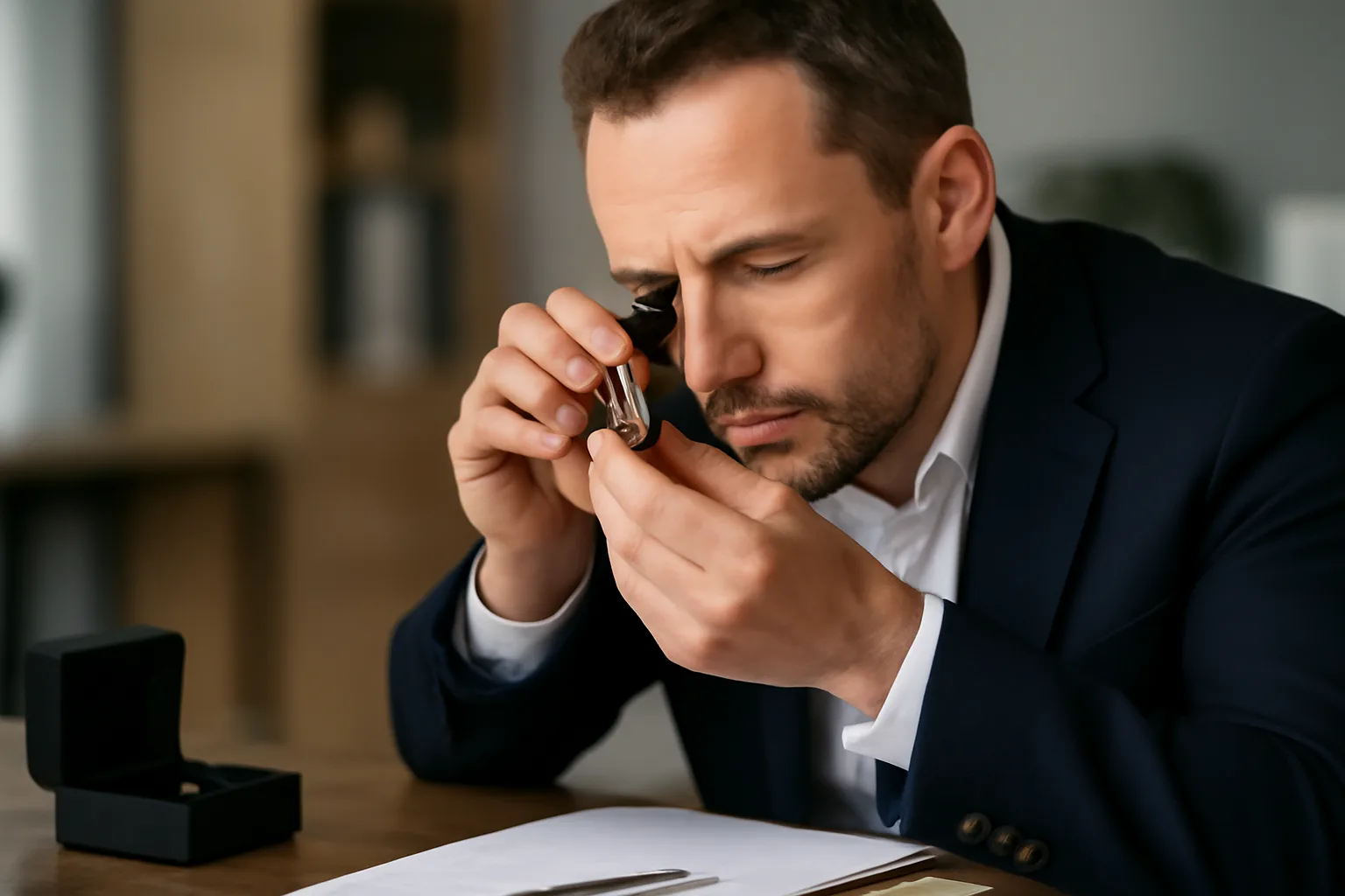 A professional examining jewelry with a magnifying glass, emphasizing the importance of evaluating jewelry before selling.