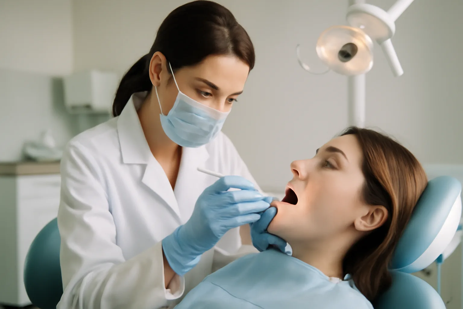 Dentist examining a patient's teeth in a modern clinic.