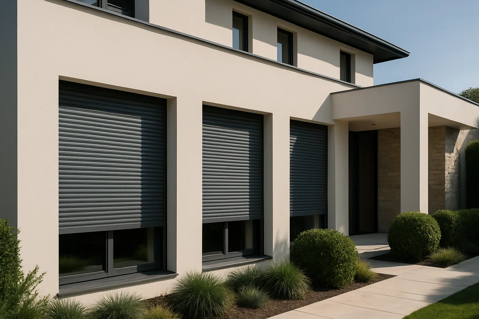 Bullet proof shutters on a modern home window.