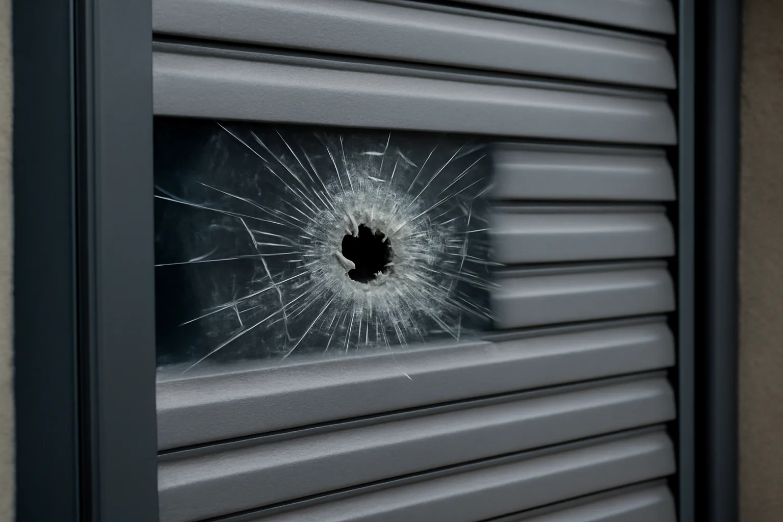 Bullet proof shutters on a building.