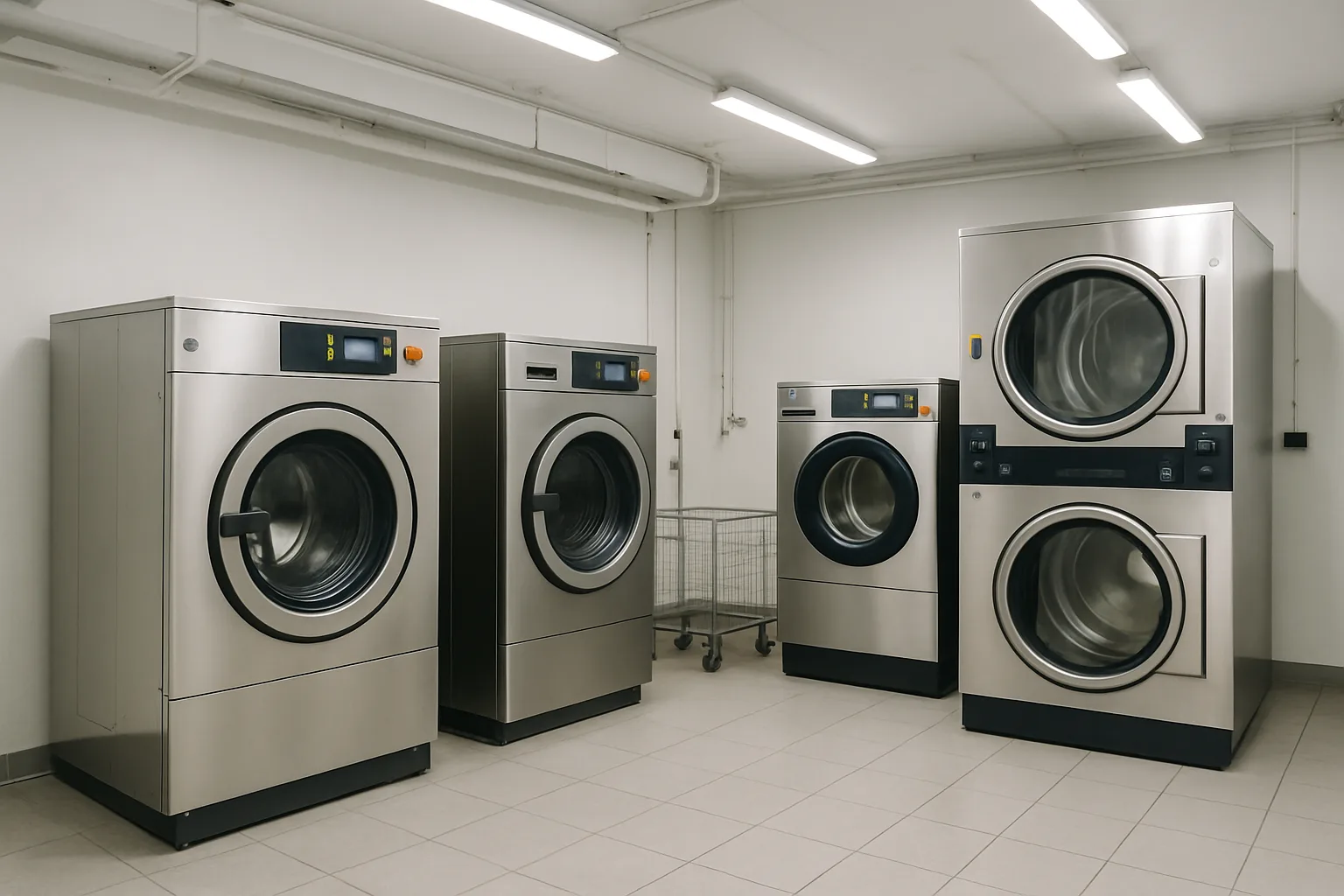 Industrial laundry equipment setup.