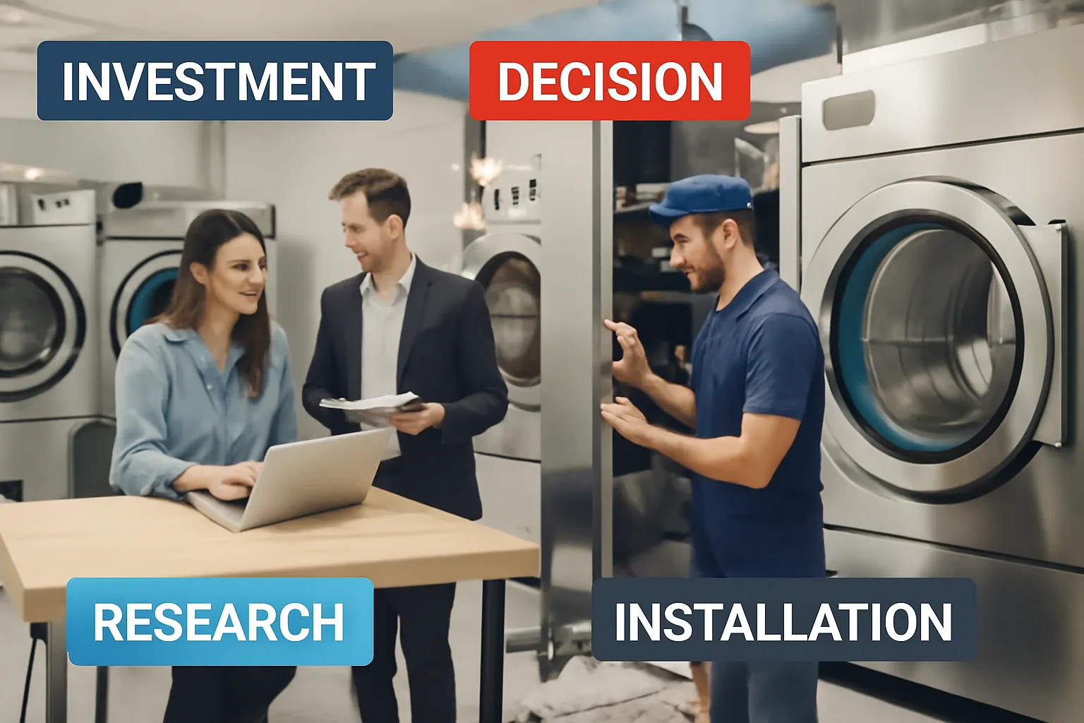 Industrial laundry equipment setup.