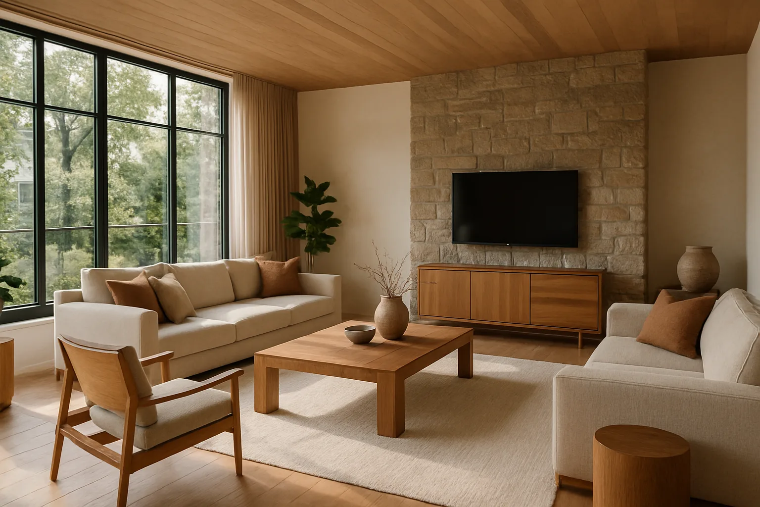 A modern living room with a cozy atmosphere and functional design, featuring natural light and high-quality materials.