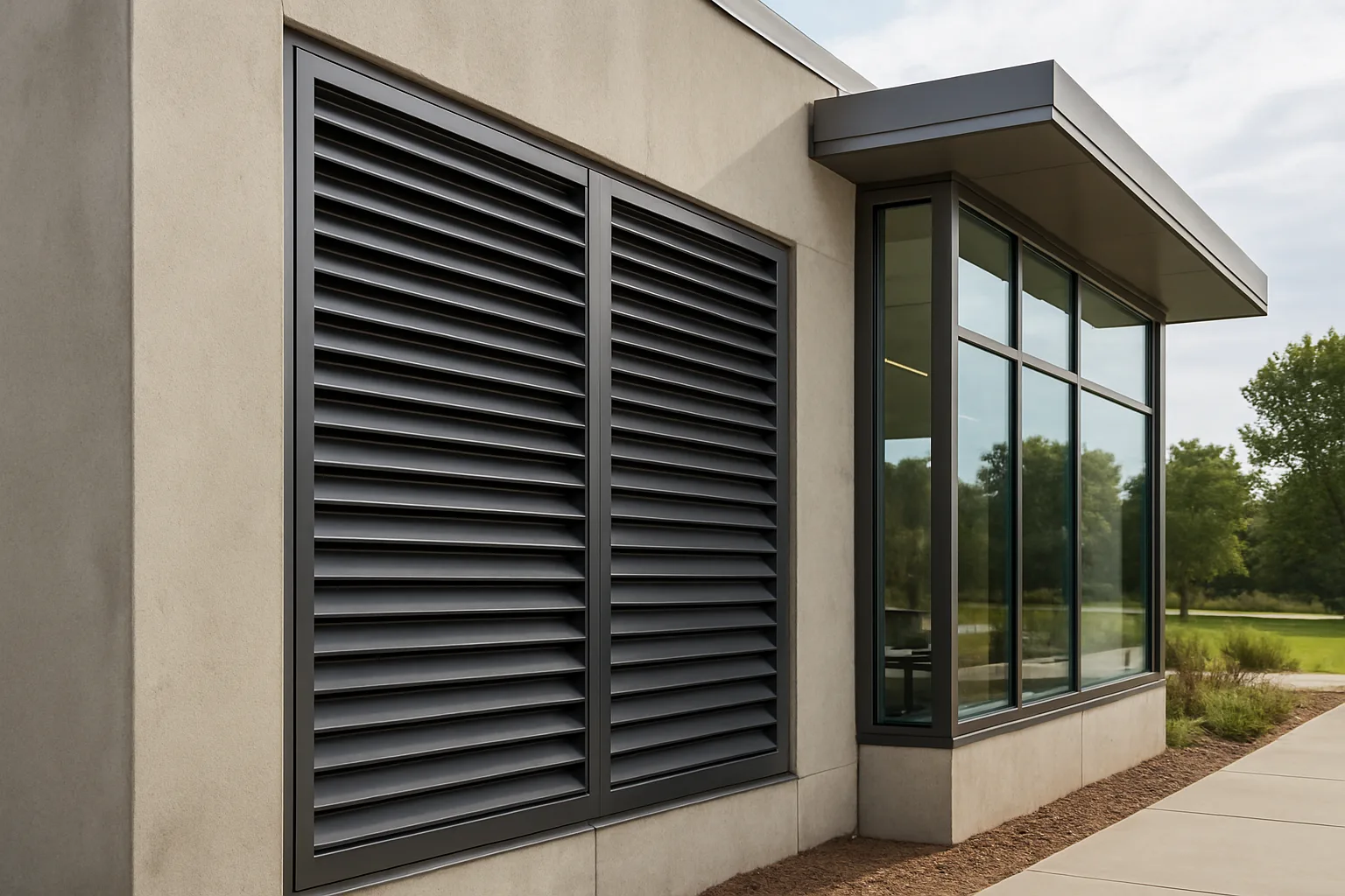 Ballistic rated louvers installed on a building.