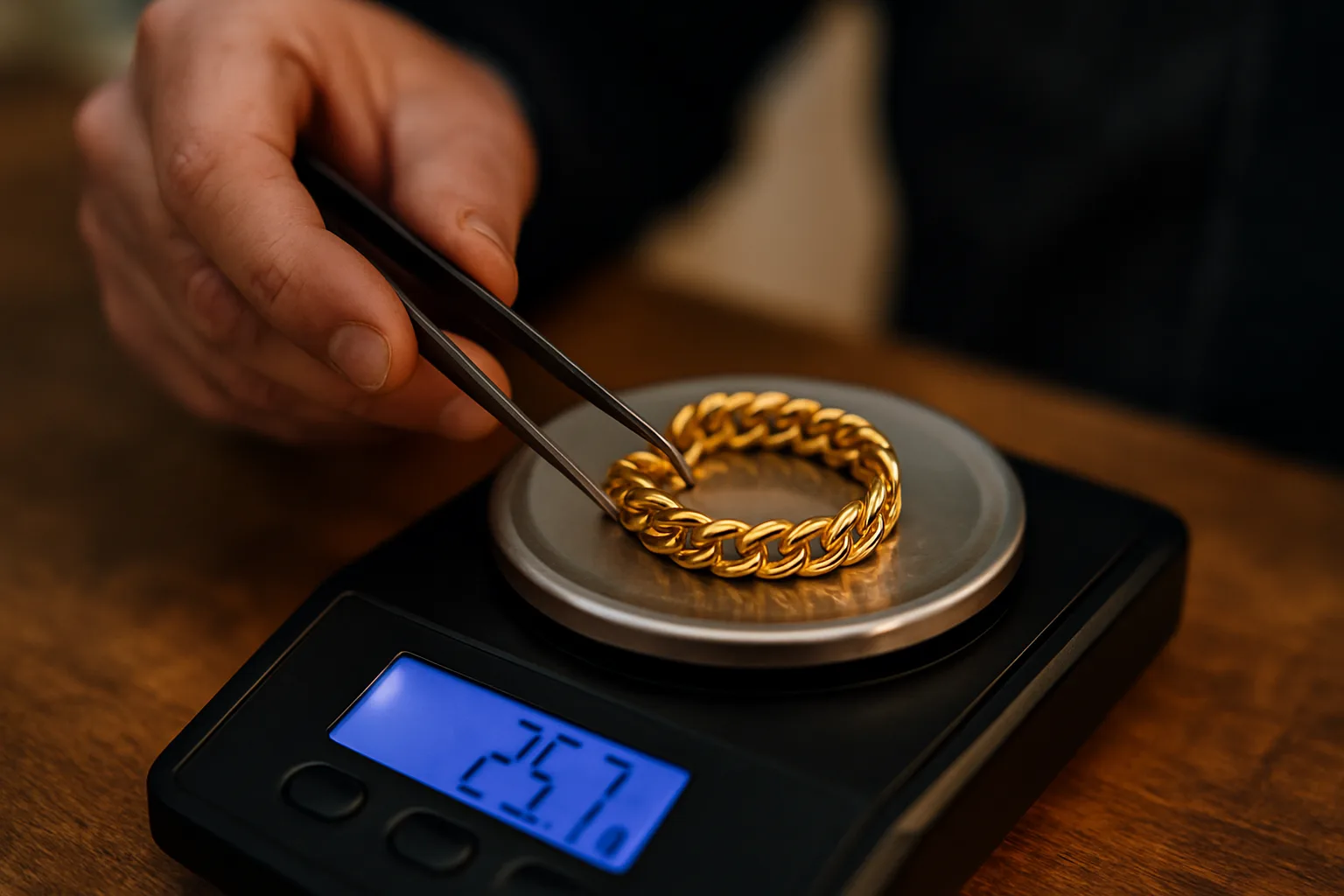 A jeweler analyzing a gold item, focusing on its hallmark and purity.