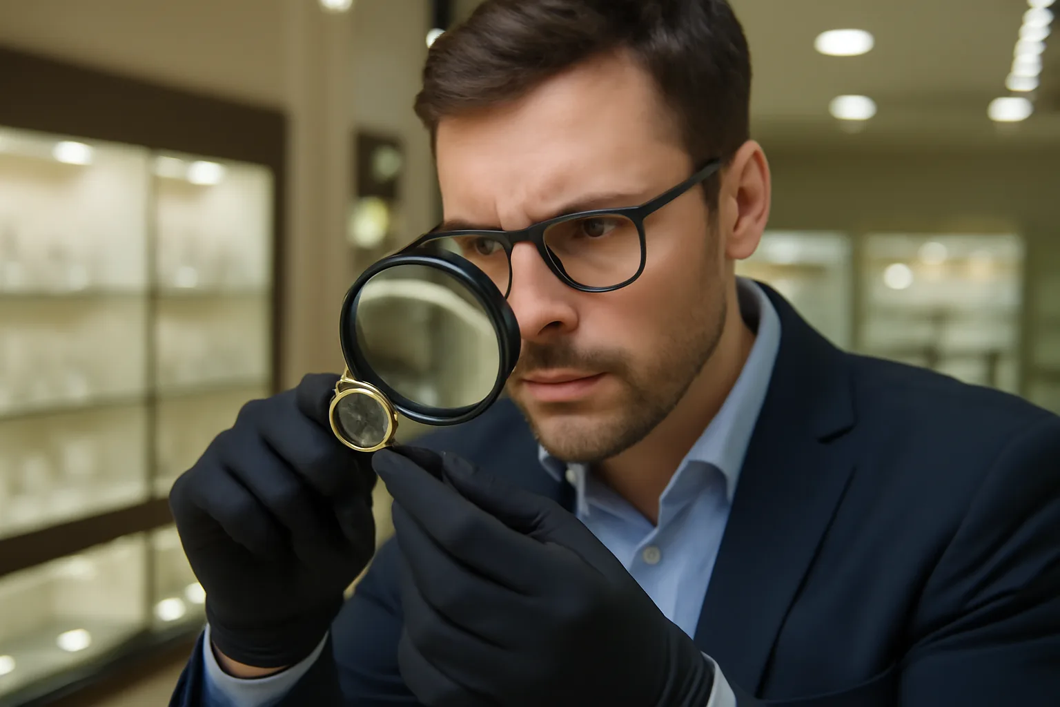 A jeweler analyzing a gold item, focusing on its hallmark and purity.