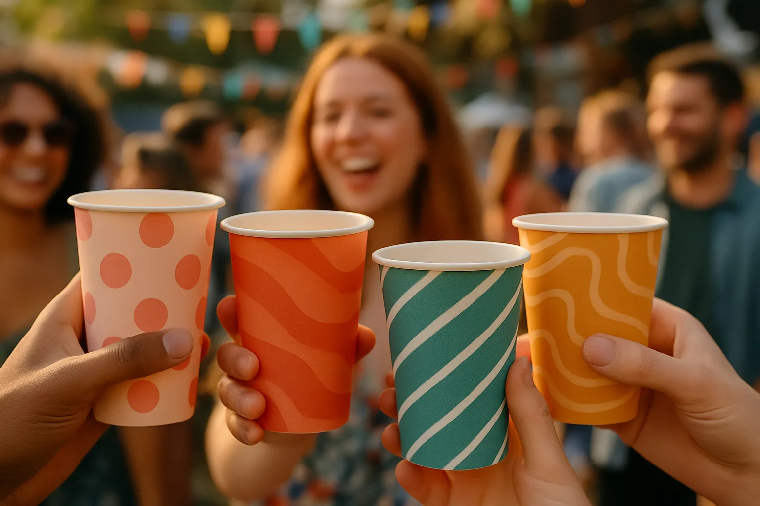 Branded disposable cups displayed at an event.