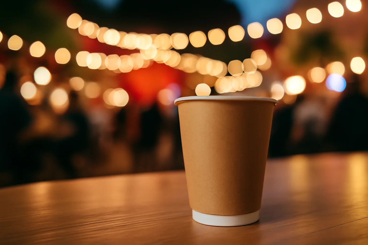 Branded disposable cups displayed at an event.