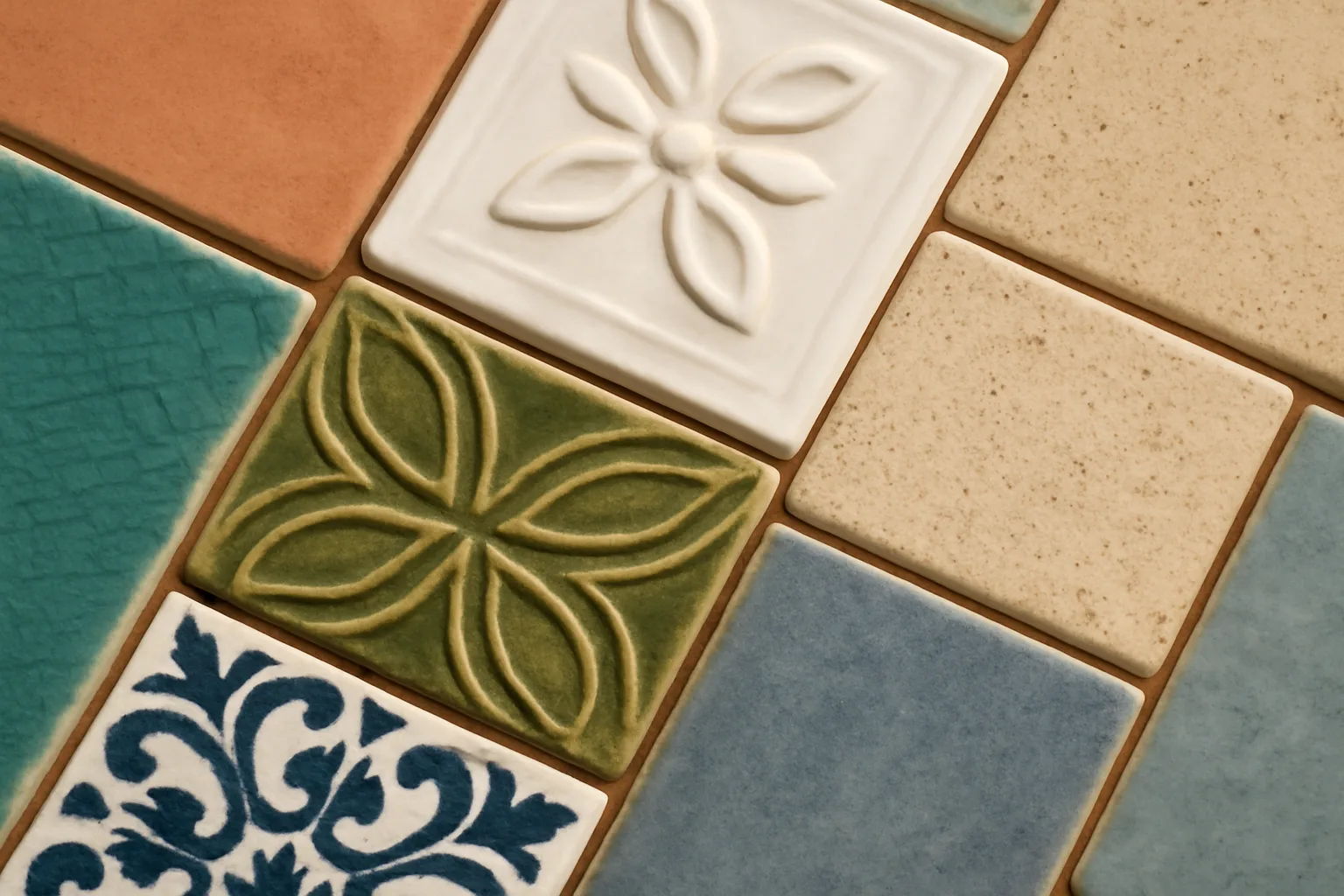 Ceramic tiles in various designs and colors.