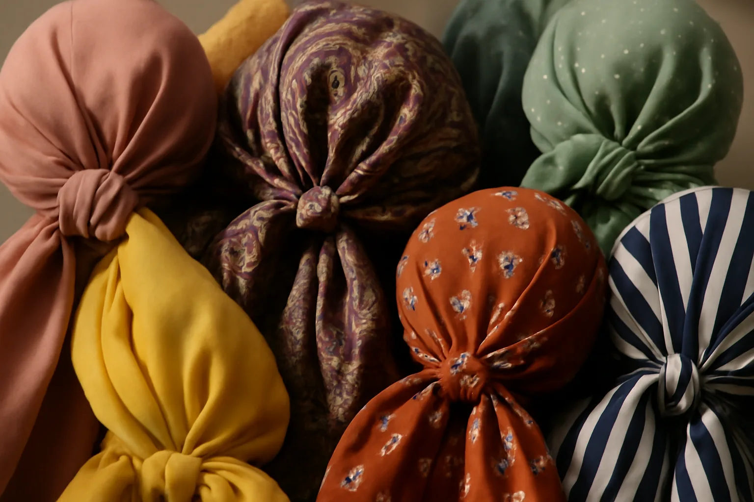 A collection of colorful headscarves arranged beautifully.