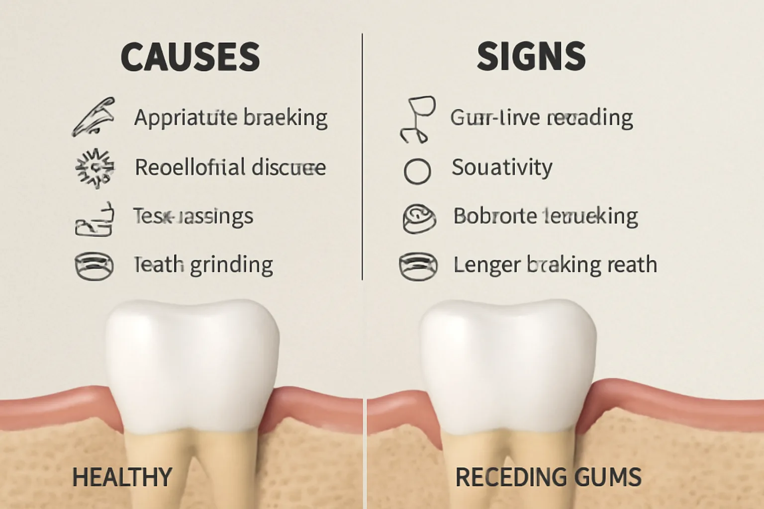 A visual representation of gum health, showing healthy gums compared to receding gums, with annotations for causes and signs of gum recession.