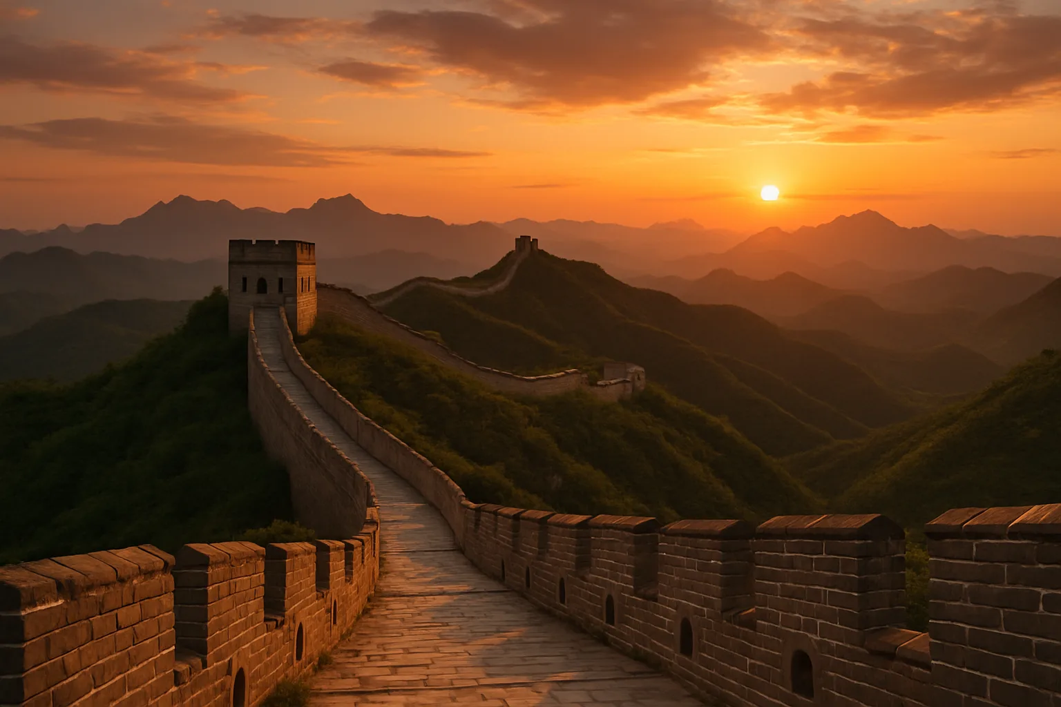 A panoramic view of the Great Wall of China at sunset and a close-up of a traditional dim sum dish.
