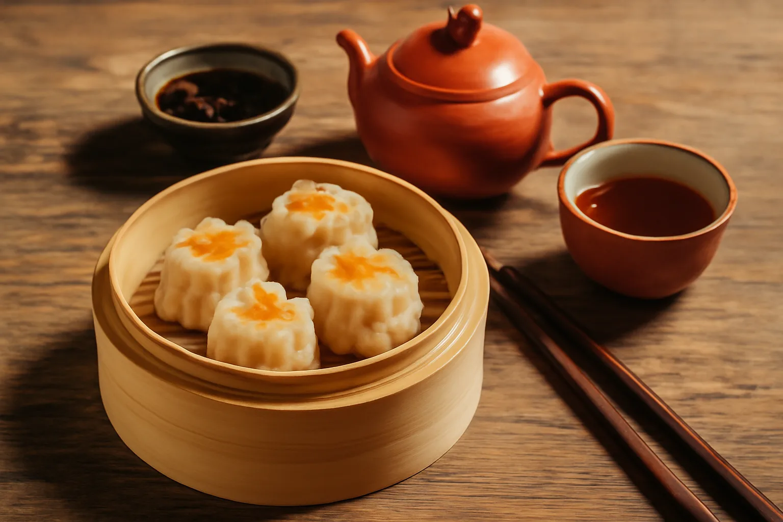 A panoramic view of the Great Wall of China at sunset and a close-up of a traditional dim sum dish.