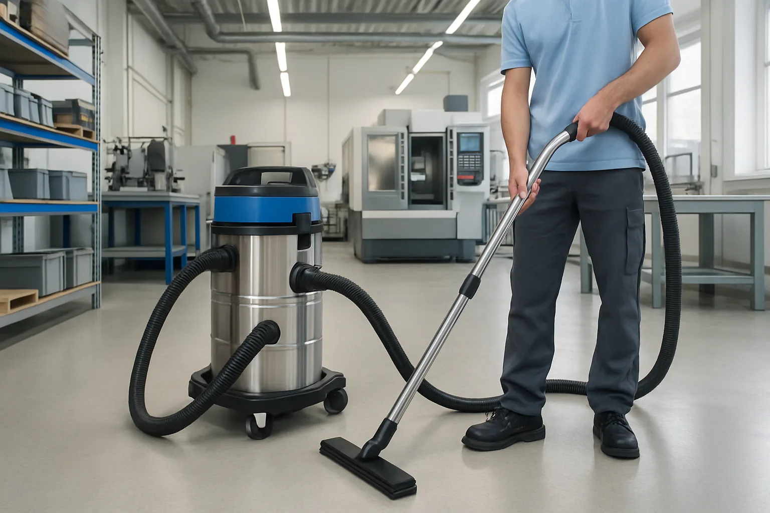 Industrial vacuum cleaner with HEPA filter in a clean workspace.