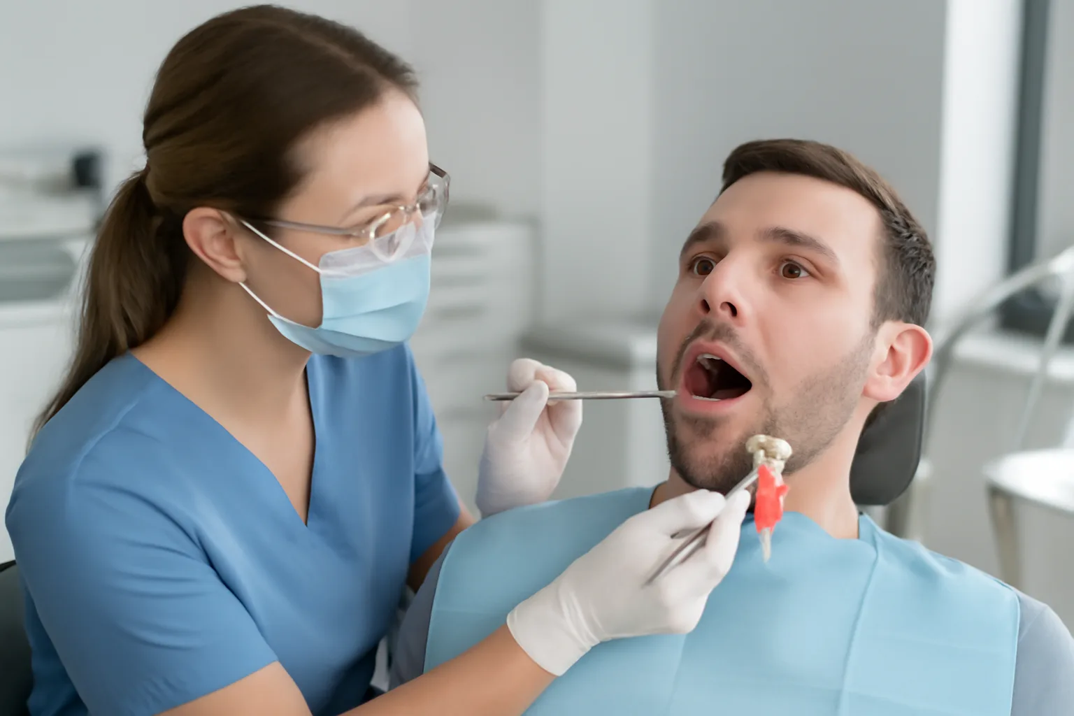 A dental professional performing an examination on a patient in a modern dental clinic.